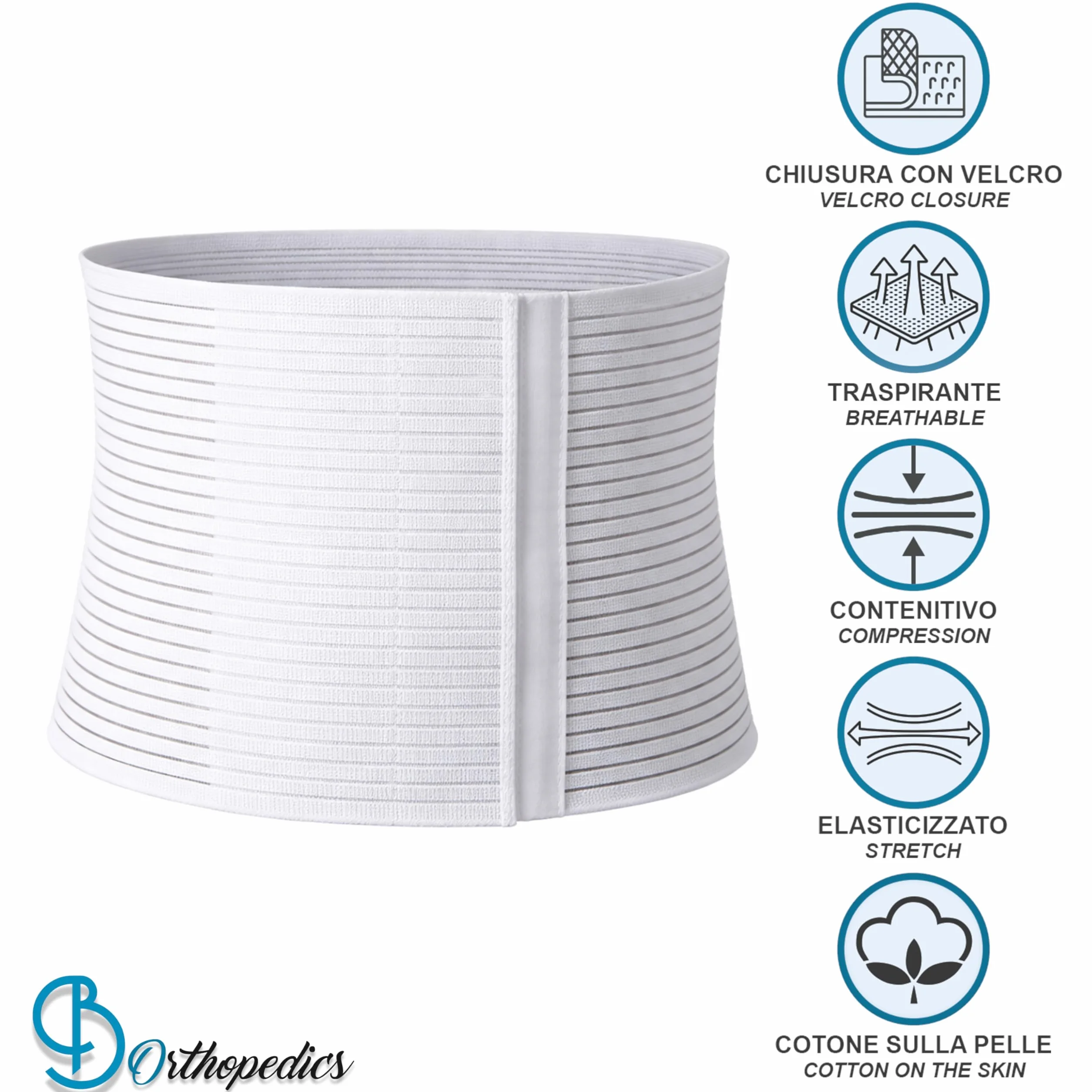 Beman 5063 - Pancera Millerighe Uomo Donna Fascia Addominale Contenitiva Post Operatoria Post Parto Elasticizzata A Strappo Altezza 27cm (M, Bianco)