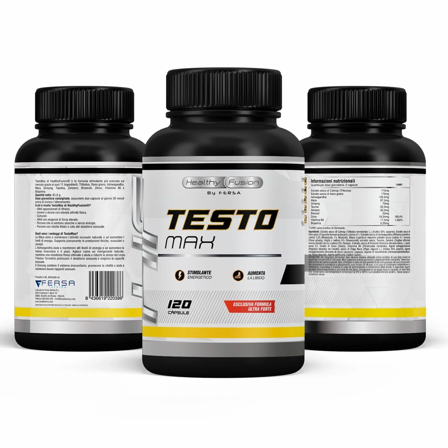 Booster di Testosterone per uomo | Energia, forza, muscolazione e vigore | Maca Andina, Ginseng, Tribulus e Taurina | Aumenta l'energia e migliora le prestazioni sportive e muscolari | 120 caps