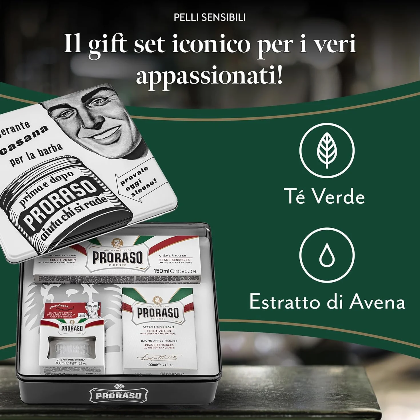 Proraso Set Vintage Selection Pelli Sensibili, Set regalo uomo Crema Pre Barba 100 ml, Sapone Barba 150 ml, Balsamo Dopobarba 100 ml, Made in Italy