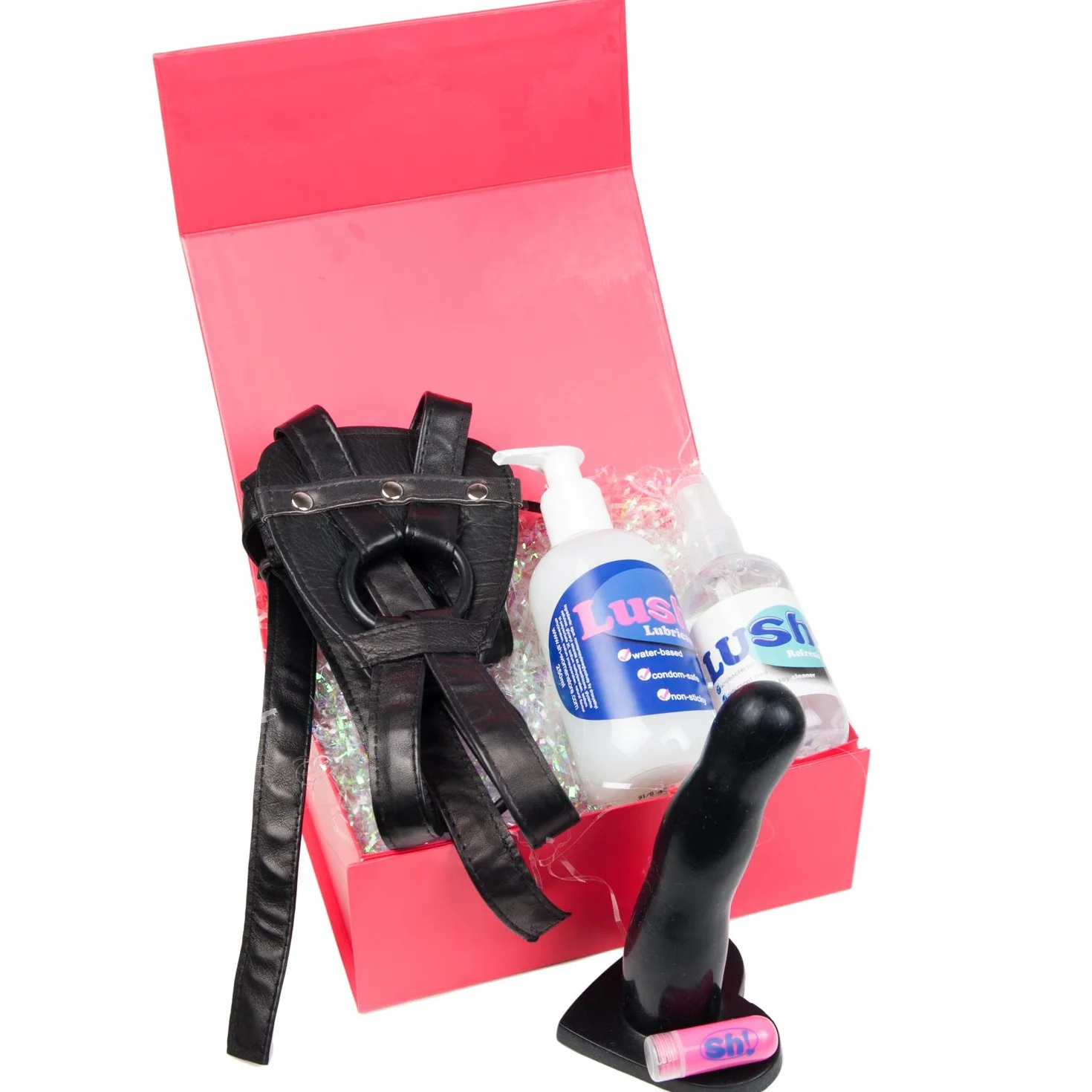 Sh! Kit di dildo vibrante con cinghia vibrante: set XXL vibratore Strapon 6 pollici Dildo con Bullet Vibe, imbracatura in pelle, lubrificante e pulitore