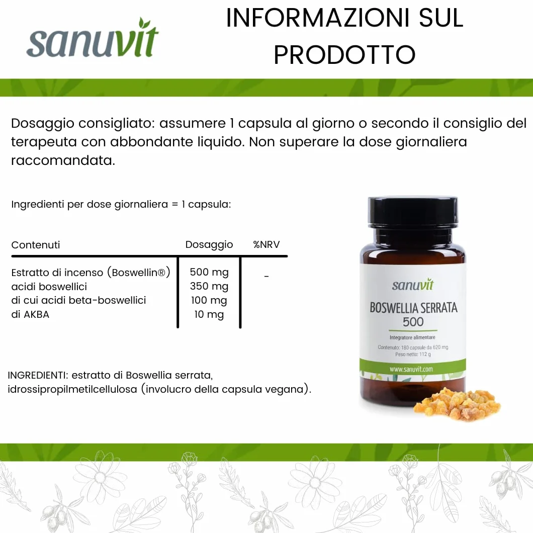 Sanuvit® - Cápsulas de Incienso 500 mg | Altamente dosificado con 500mg de Boswellia serrata india por cápsula | Alta biodisponibilidad | con Boswellin® | Vegano | 180 cápsulas