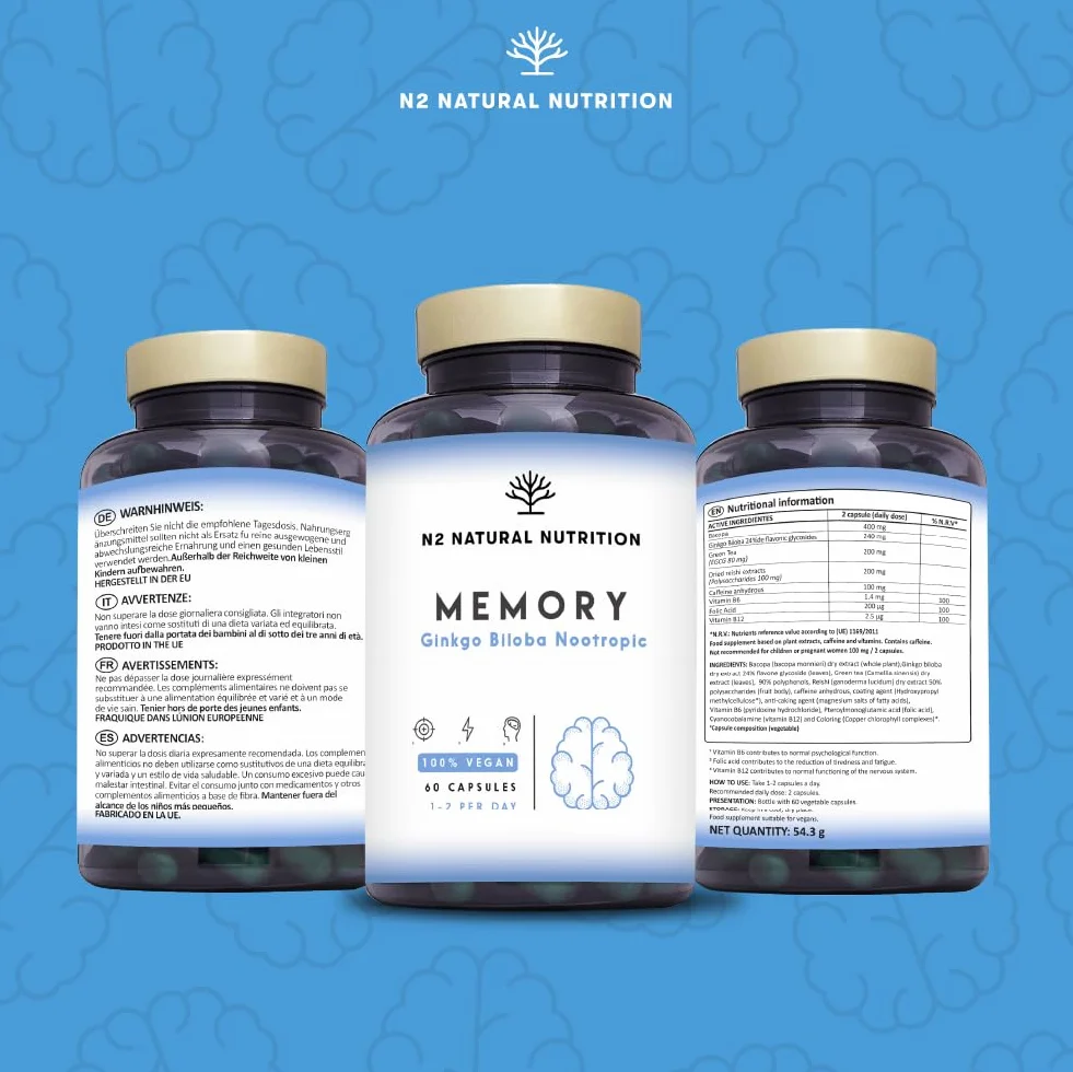 N2 Natural Nutrition Nootropico Naturale Ginkgo Biloba 1140mg Caffeina Bacopa Monnieri Integratore Concentrazione Memoria Vitamine Vegan 60 capsule