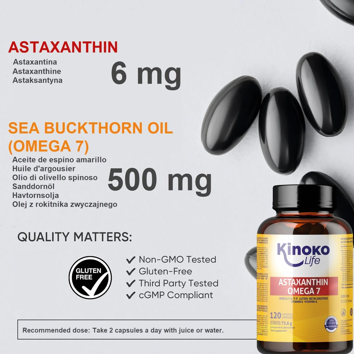 Astaxantina e Omega 7 dall'olio di olivello spinoso - 120 capsule con Omega 3, 6, 7, 9, luteina, betacarotene, vitamine E e A