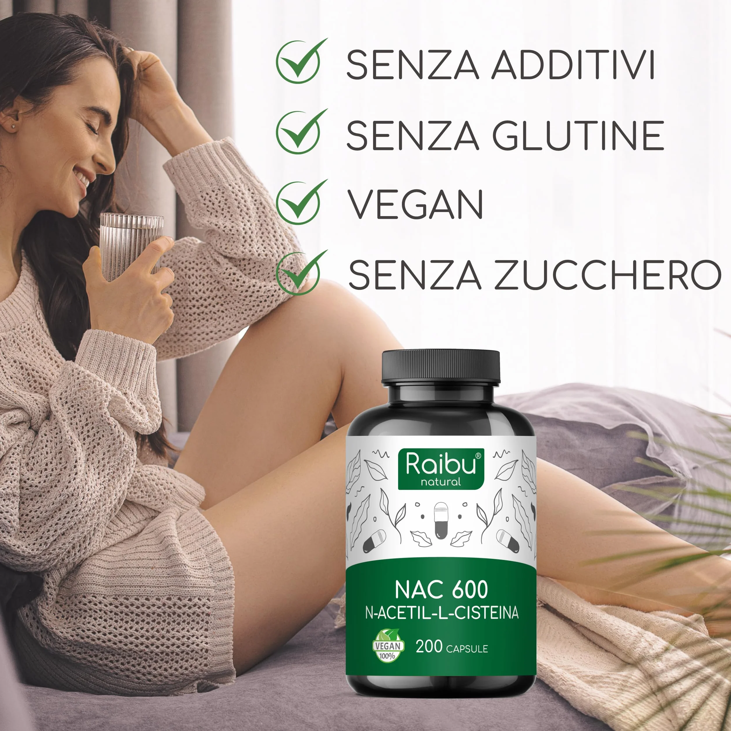 NAC N-Acetil-Cisteina 600mg - 200 capsule - 100% NATURALE - Vegano e senza additivi - Altamente dosato - Qualità Premium - Prodotte da Raibu