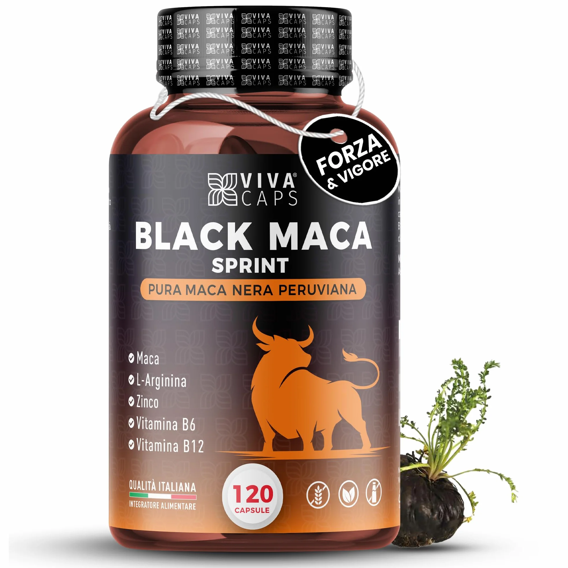 Maca peruviana 24000 mg al giorno estratto 20:1 120 Cps, Black maca con L-Arginina, Zinco, Vitamina B6 e B12 per energia e supporto per la massa muscolare - Made in italy