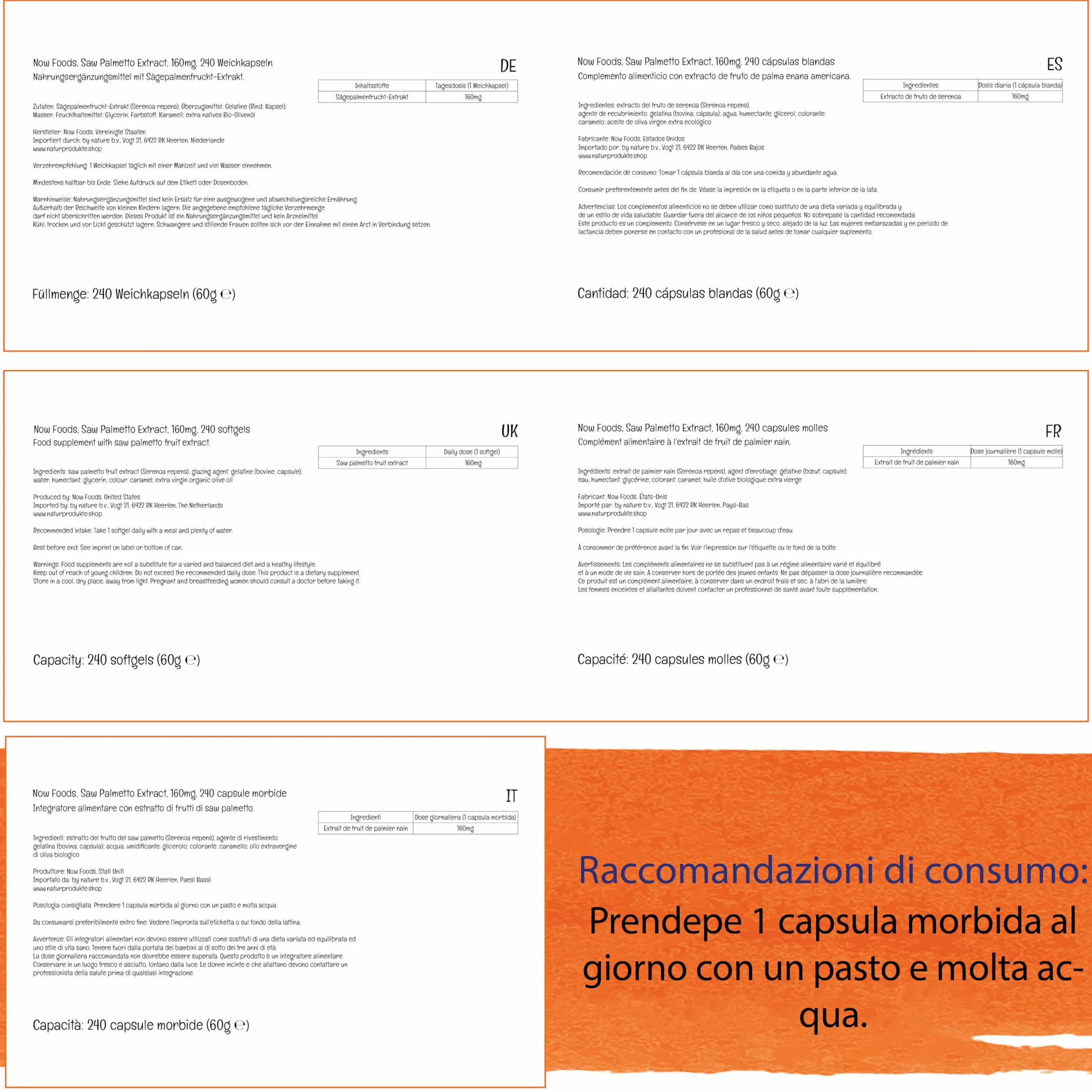 Now Foods Estratto di Saw Palmetto 160mg 240 Softgels Testato in Laboratorio Senza Soia Senza Glutine Non-GMO