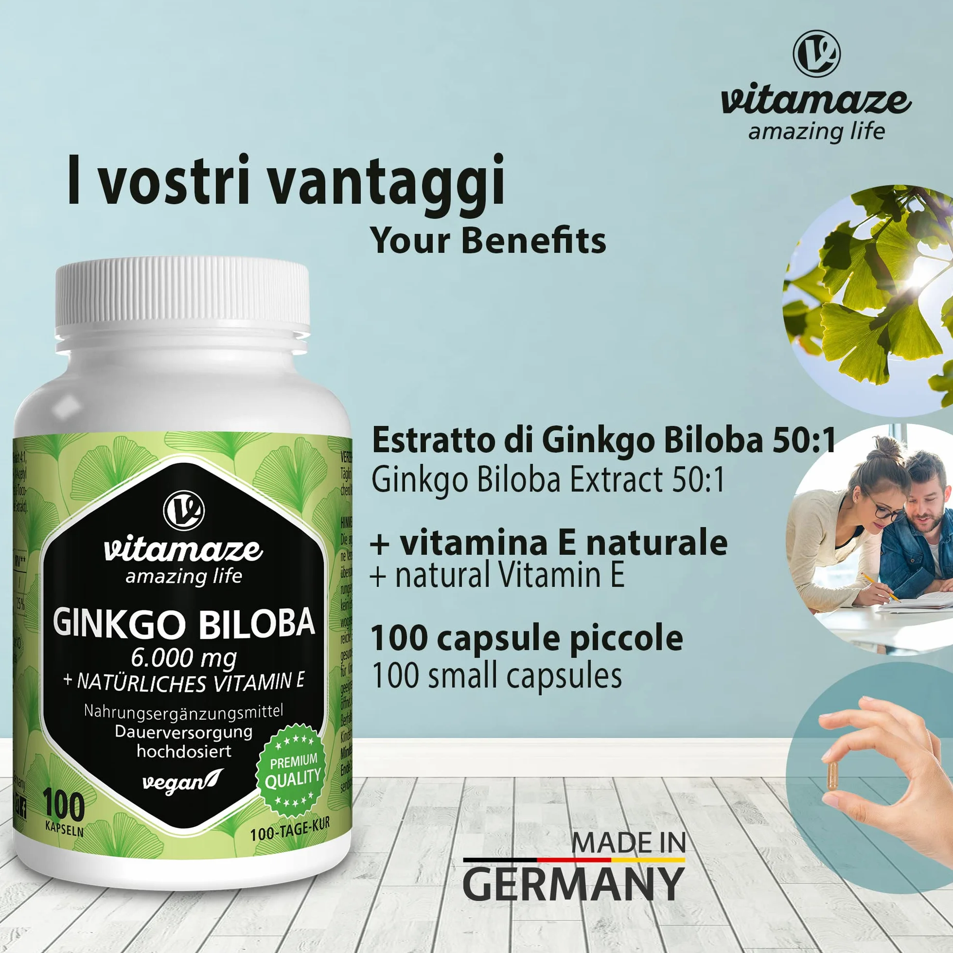 Vitamaze Ginkgo Biloba Complex 6000 mg (50:1) con L Carnitina e Vitamina E, 100 Capsule Integratore Vegano