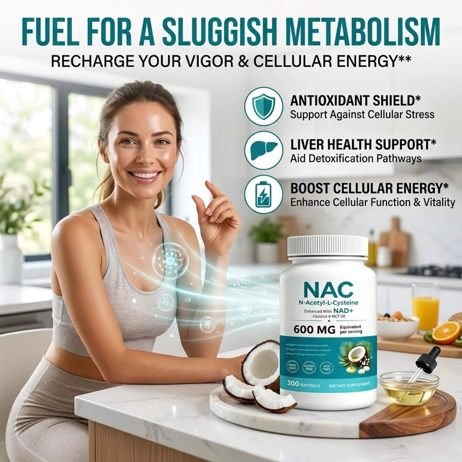 NAC N-Acetyl L-Cysteine 600 mg Softgels | Enhanced with Coconut & MCT Oil,Non-GMO, Gluten Free | 300 Softgels (100 Day Supply）
