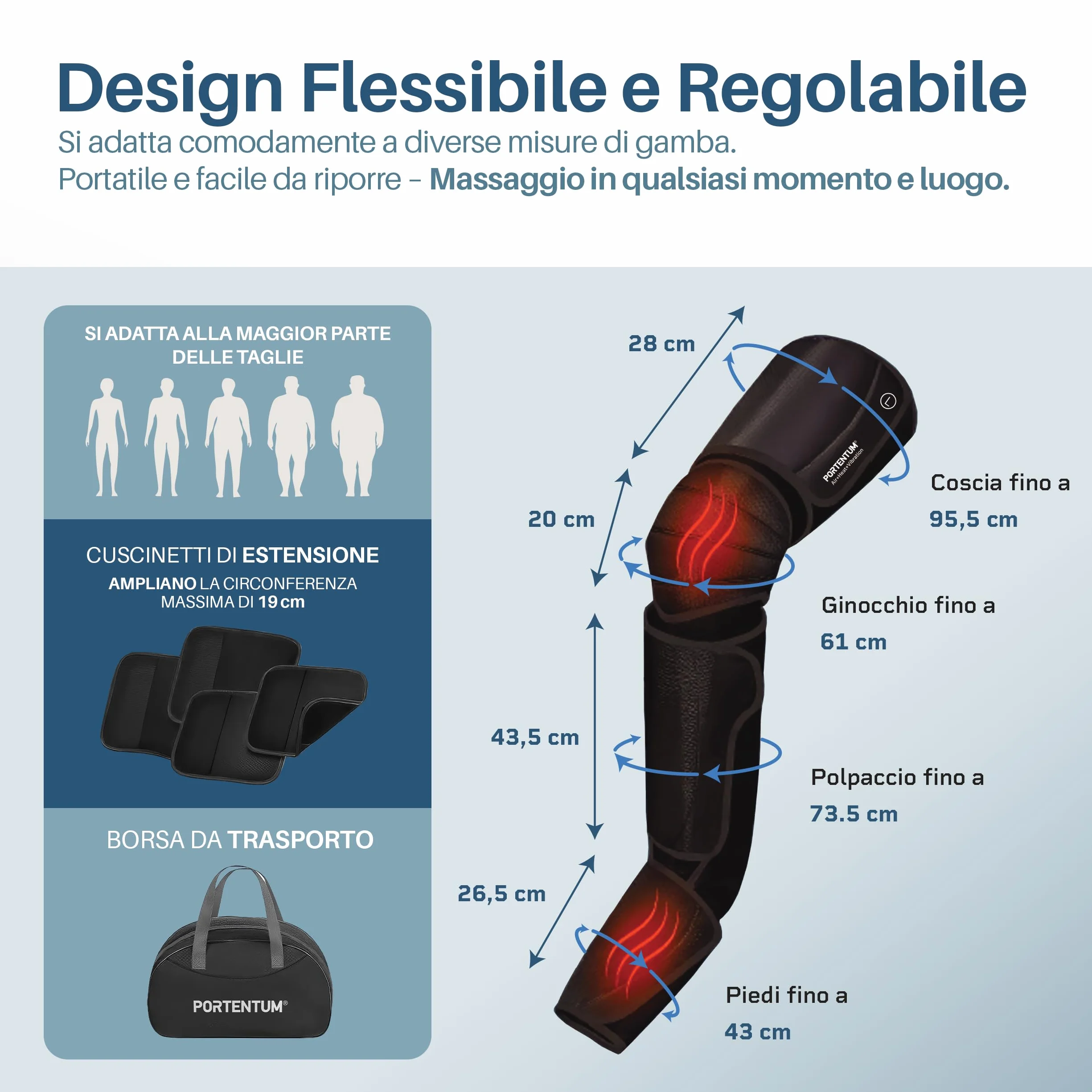 PORTENTUM Pressoterapia linfodrenaggio – Massaggiatore gambe con calore regolabile – 5 intensità compressione ad aria – Telecomando – Sollievo gambe stanche e migliore circolazione – Borsa trasporto