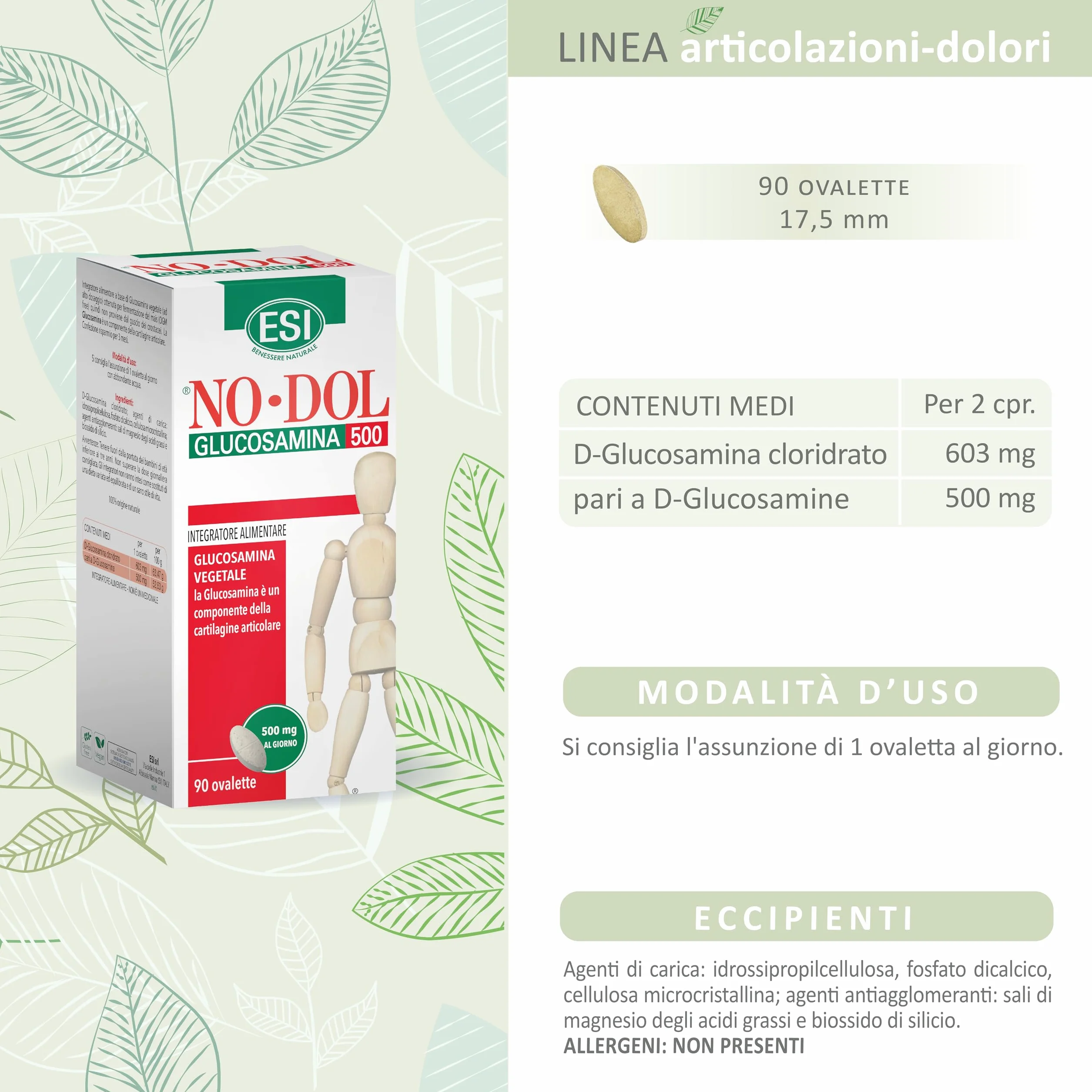 ESI - No-Dol Glucosamina 500, Integratore Alimentare a Base di Glucosamina, Elemento Caratterizzante di Tessuti Connettivi e Cartilagini, Senza Glutine e Vegan, 90 Ovalette