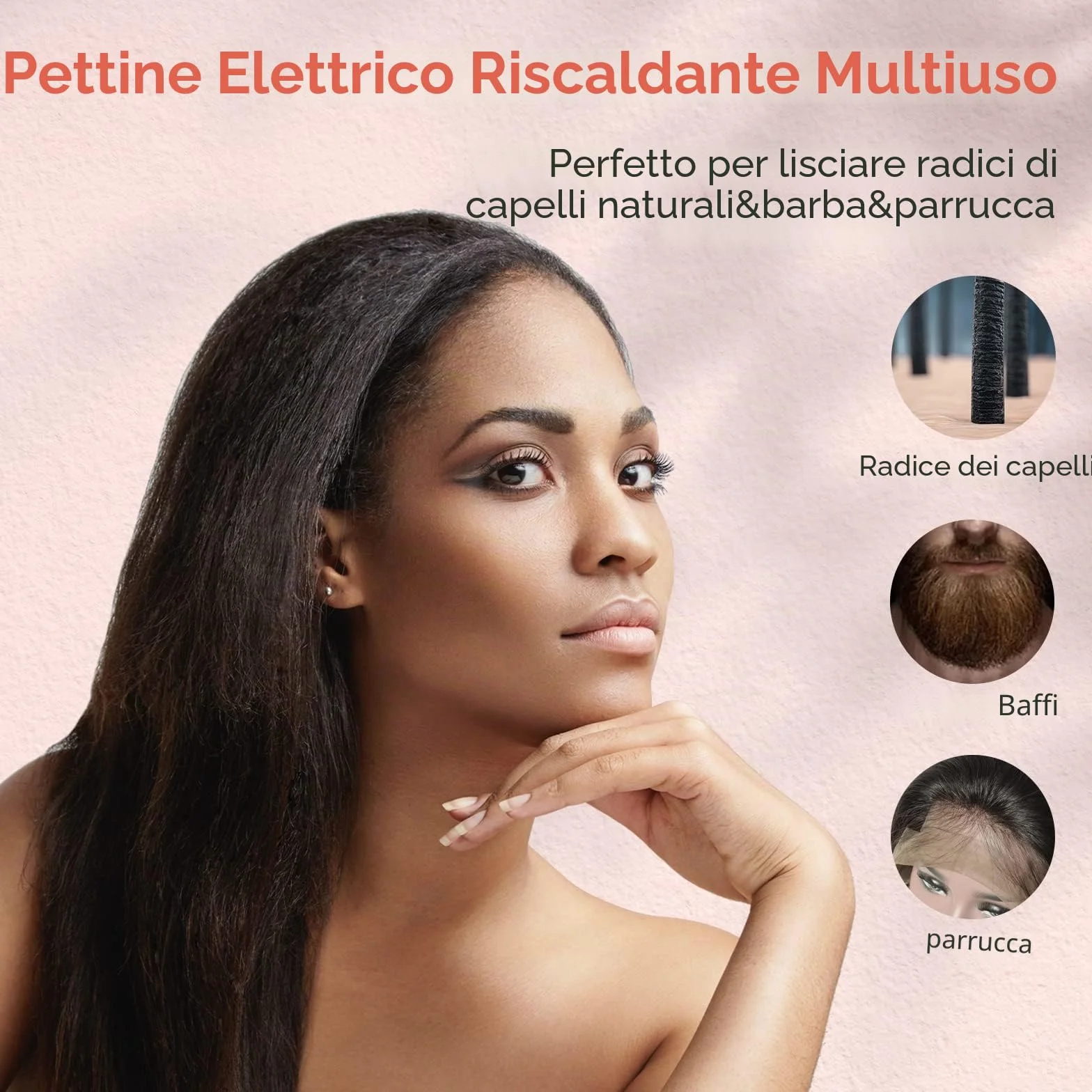 Pettine Elettrico per Parrucche, Afro Capelli e Barba, Pettine Lisciante Antiscottatura con Denti Infusi di Cheratina e Olio di Argan, Temperature Regolabili, Spegnimento Automatico