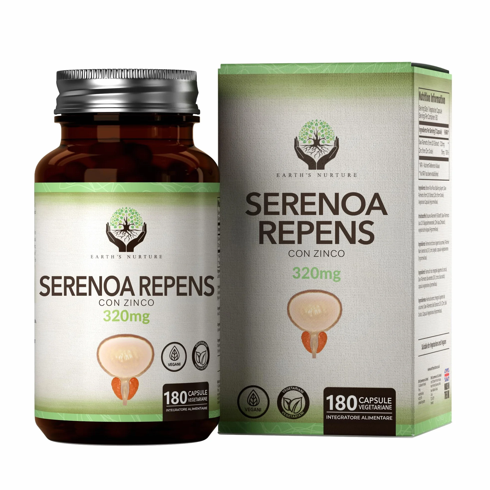 Saw Palmetto Prostata Integratore 180 Serenoa Repens Capsules 320mg con Zinco 15mg Non-OGM Senza Glutine