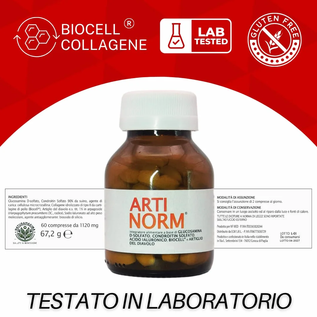 ARTINORM Integratore Alimentare – 60 Compresse con Glucosamina, Condroitina, Acido Ialuronico e Collagene BioCell