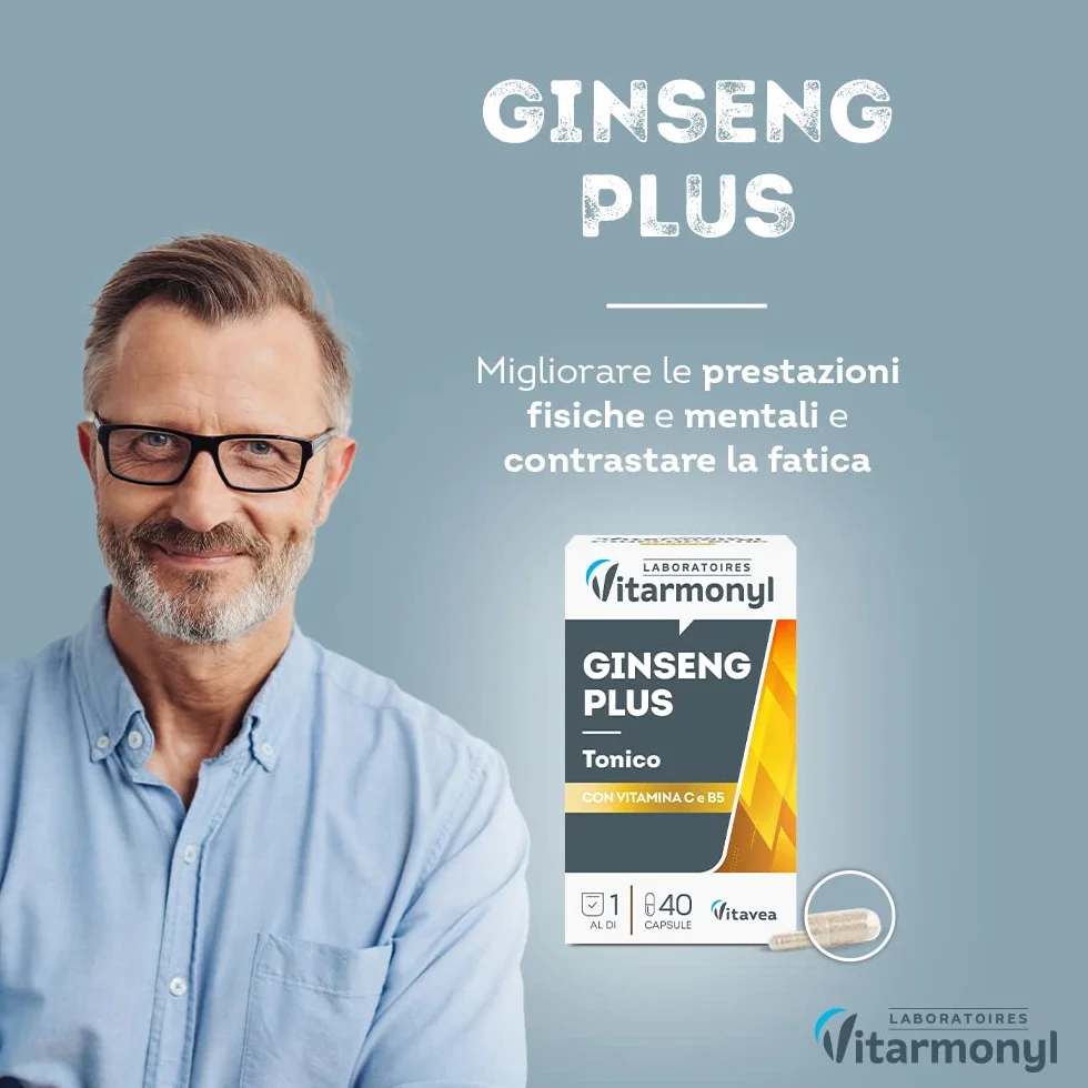 Vitarmonyl Ginseng Plus Tonico Integratore Alimentare 40 Capsule Estratto di Ginseng Vitamina C B5