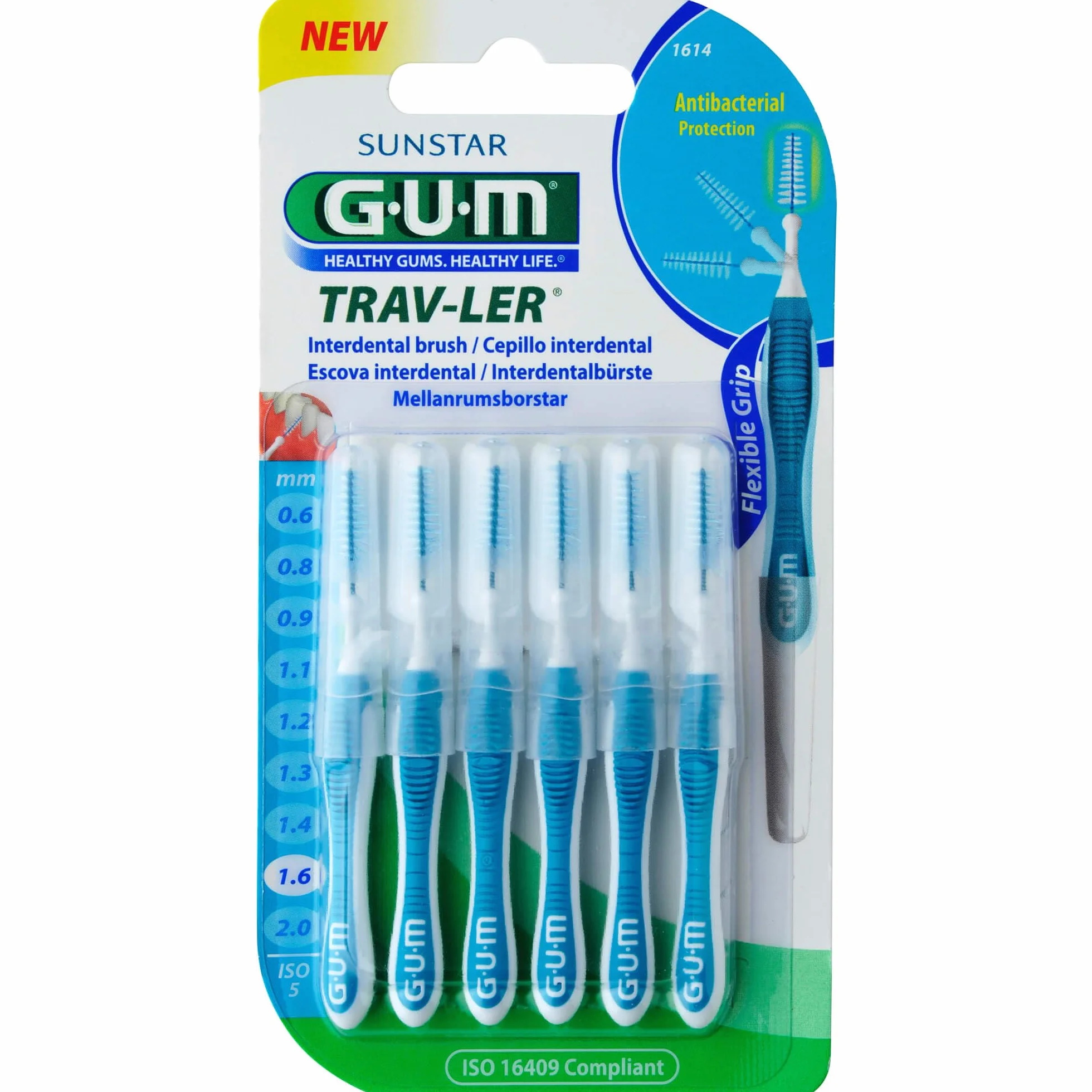 GUM TRAV-LER blau Tanne 1,6mm Interdental+6 Kappen 5 pz Spazzole interdentali