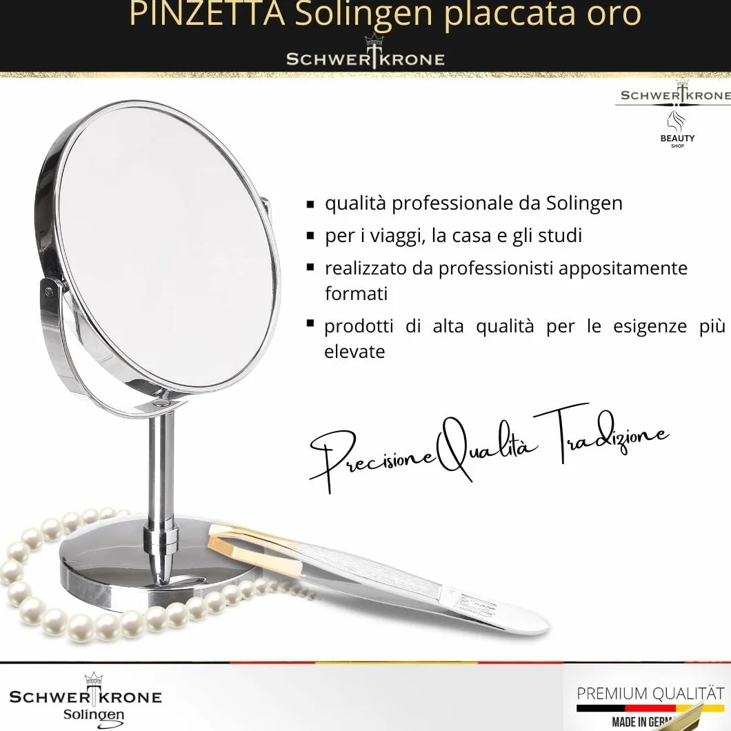 SCHWERTKRONE Pinzetta Professionale Solingen 8 cm - Inclinata e Angolata per Sopracciglia - Placcata Oro, Prodotto in Germania