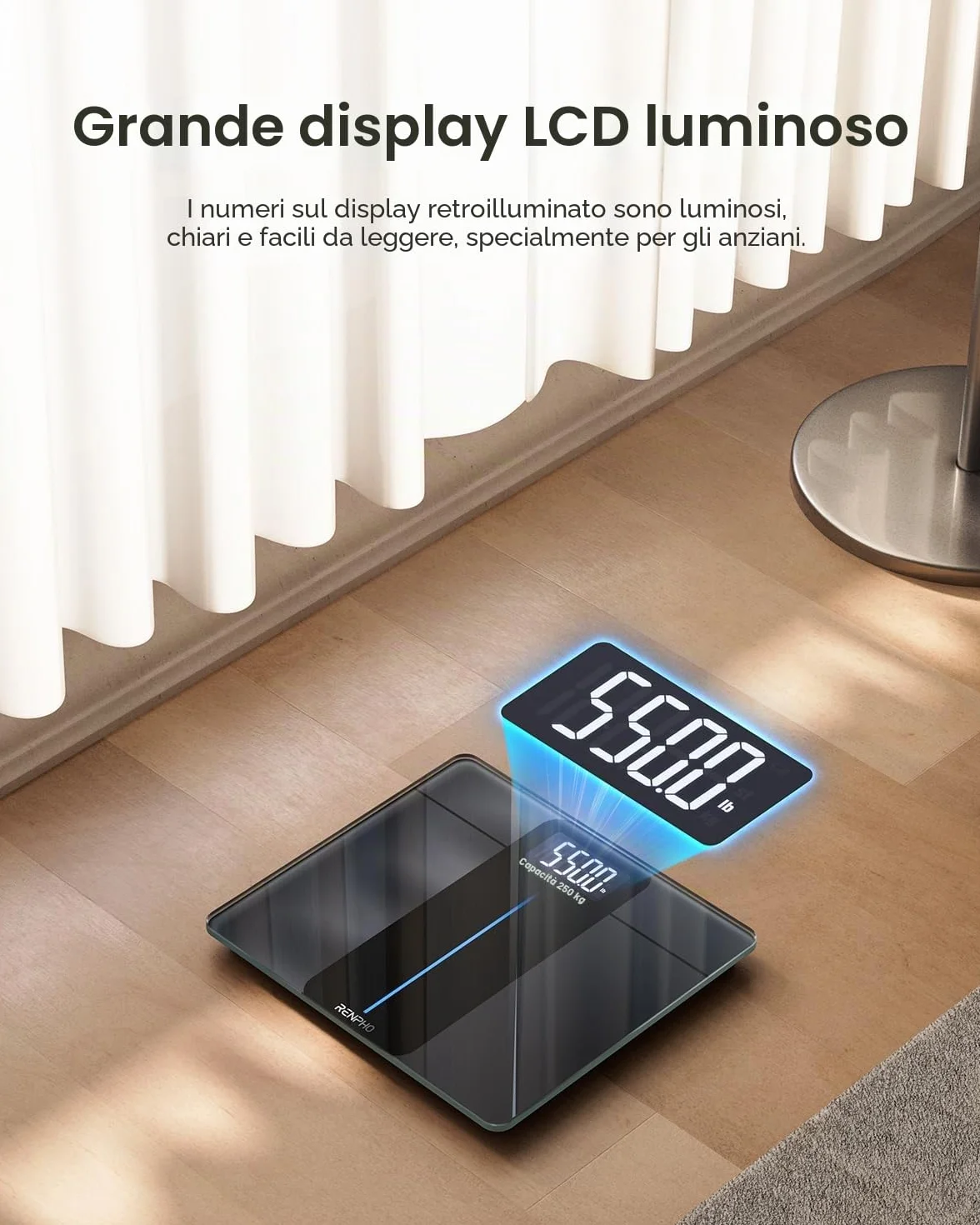 RENPHO Bilancia Pesapersone Digitale 250kg Vetro Temperato 8mm Display LED Precisione 50g 33x30cm Core 1 L