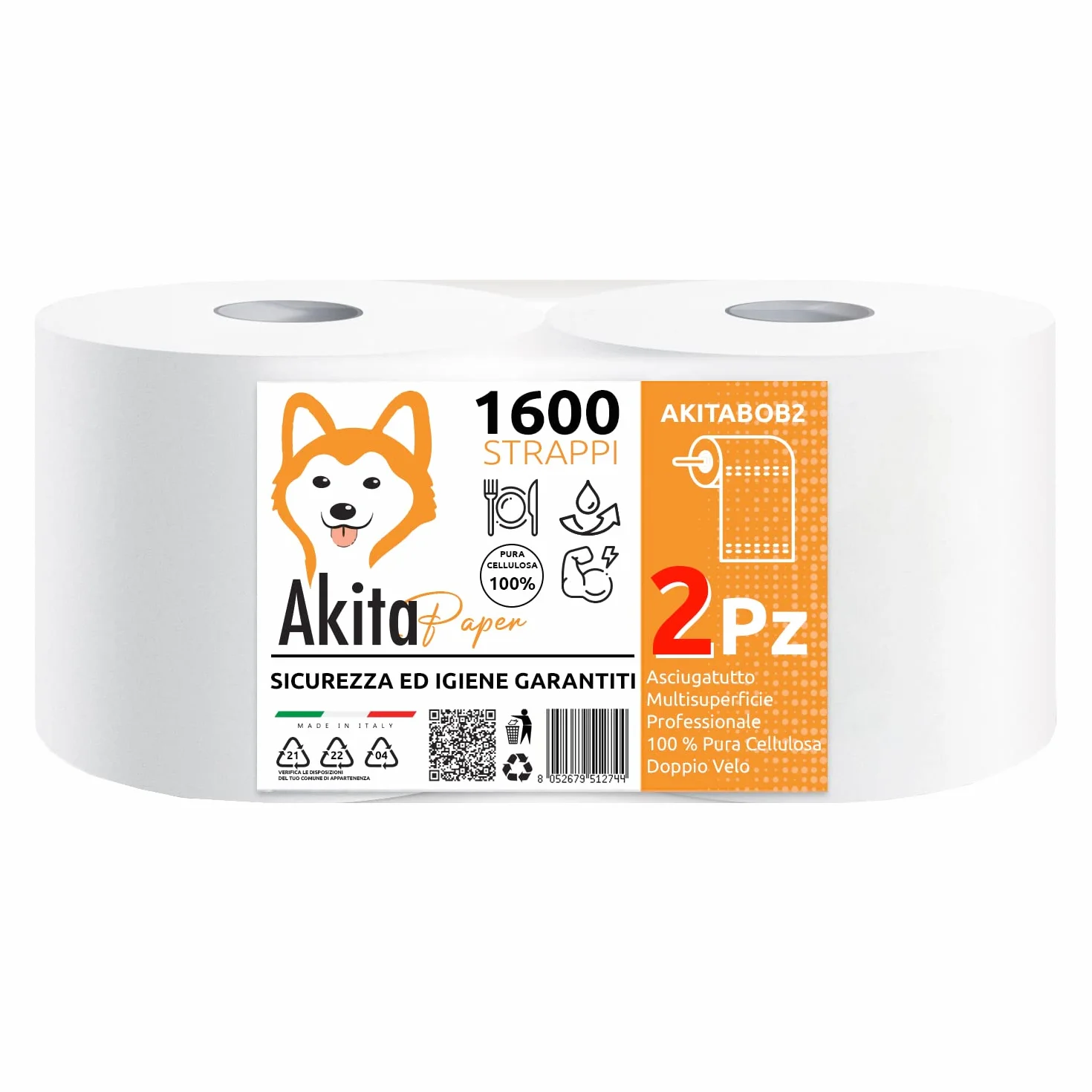 Carta Asciugatutto 2 Rotoli 1600 Lunga Durata Extra Resistente Bobina 2 Veli Pura Cellulosa Uso Alimentare
