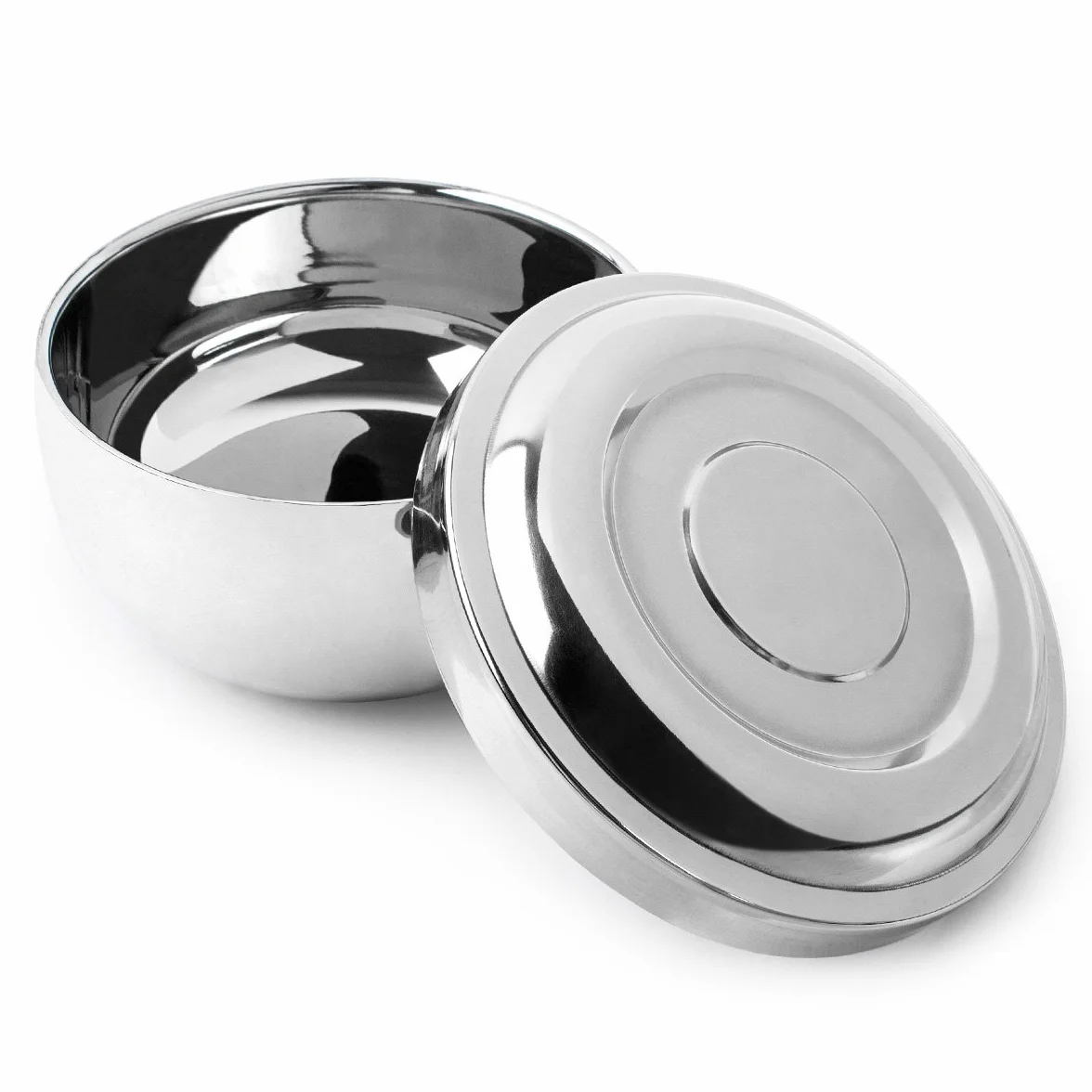 QSHAVE Ciotola per sapone da barba, shave tazza rasatura, in acciaio inox, con coperchio, 10cm, dimensione profonda, articolo placcato al cromo