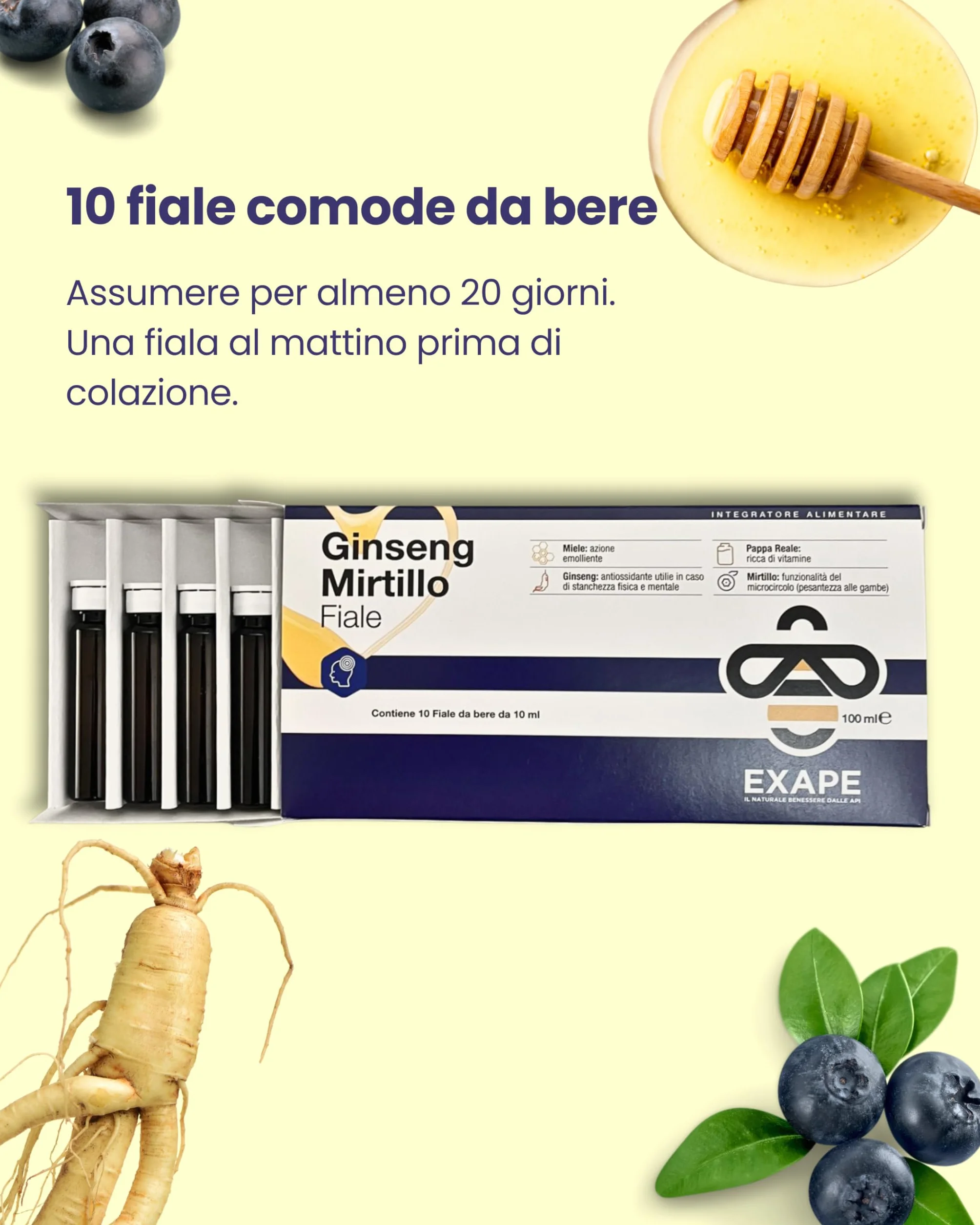 EXAPE Pappa Reale Fresca Tonico Naturale Integratore Energetico con Miele 50% e Ginseng 10 Flaconcini da 10ml 2 Confezioni