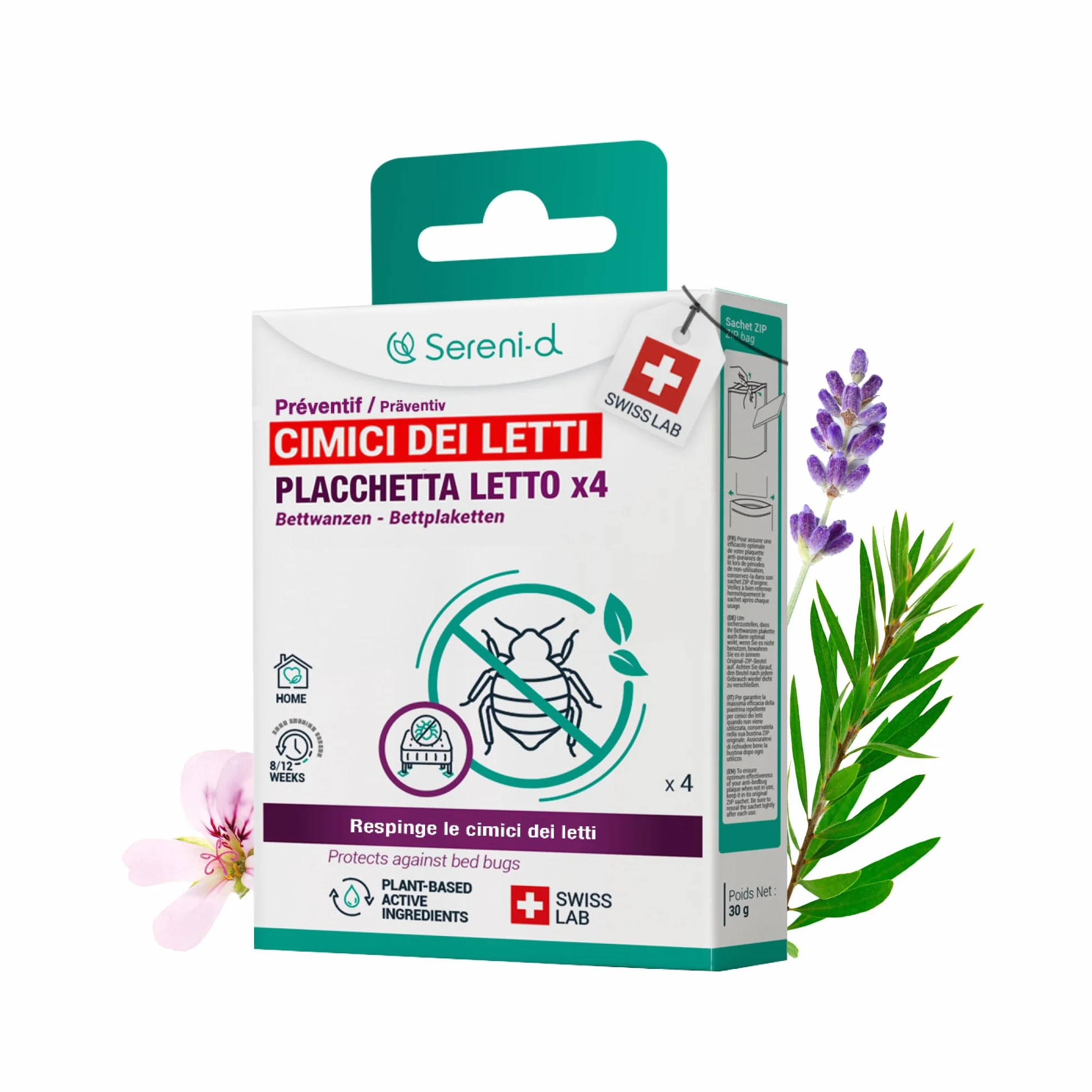 Sereni-d SWISS LAB PIASTRE LETTO repellenti per CIMICI DEI LETTI x4