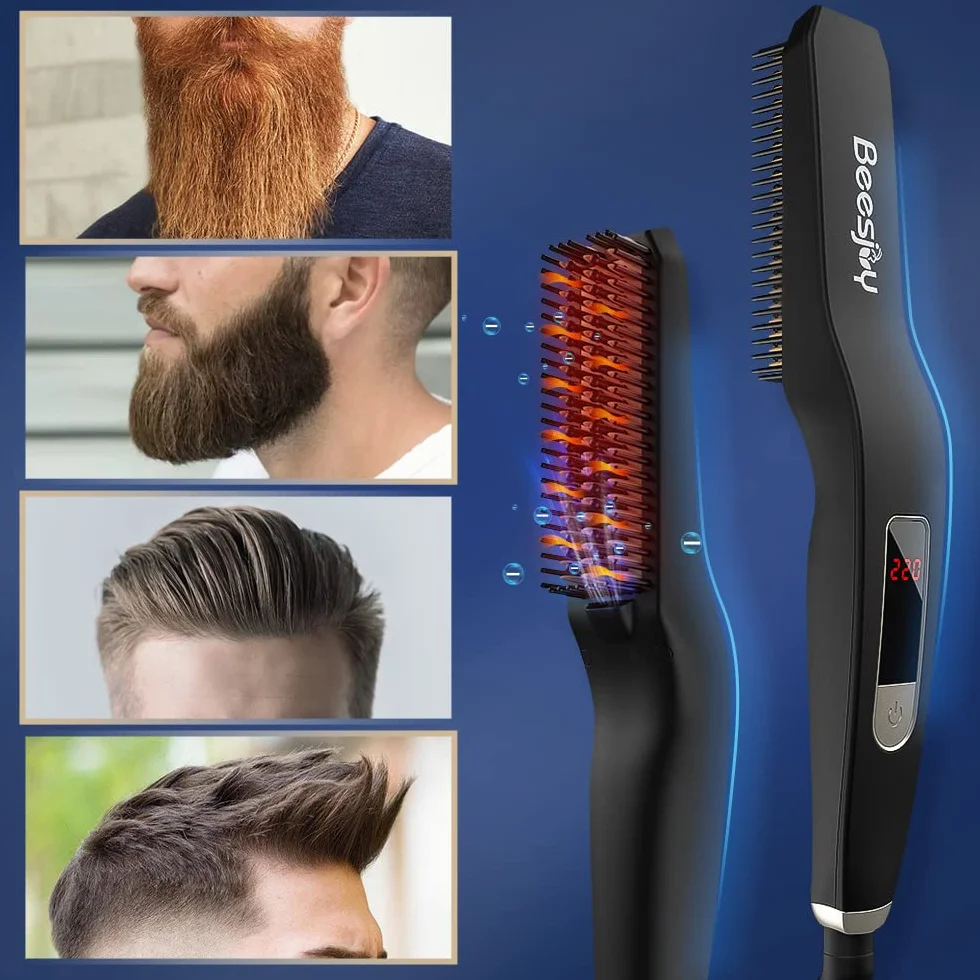 Beesjuy Piastra Per Barba Uomo, Piastra Barba, Cura degli Ioni Negativi, Design del Pettine Crittografato, Display Digitale a LED, Riscaldamento Rapido, Regali Uomo Regalo Papa Compleanno