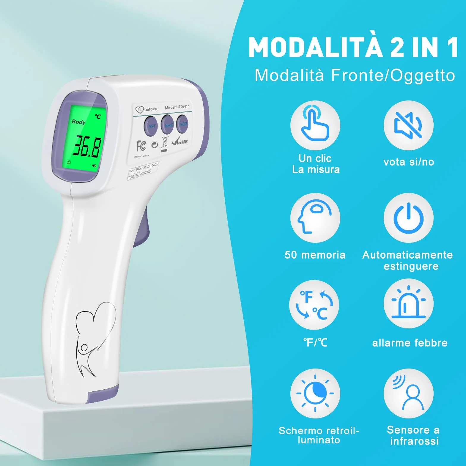 Termometro Infrarossi senza Contatto Digitale con Allarme Febbre e Memorizzazione per Adulti Bambini Neonato Porpora