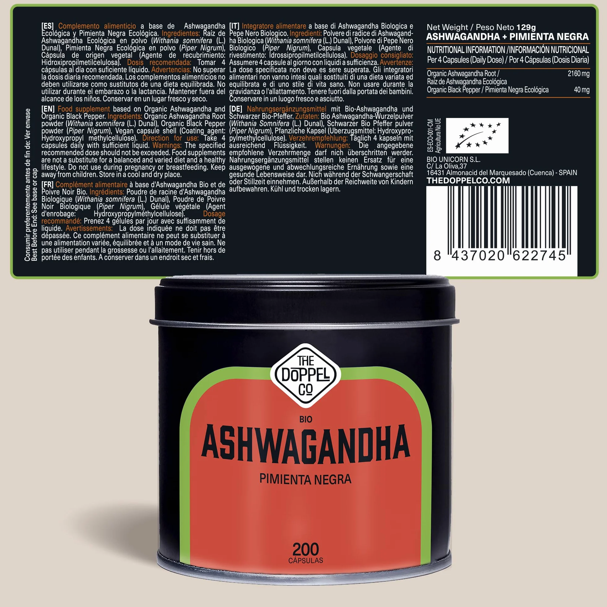 Ashwagandha Capsule 2160 mg 200 Capsule Vegetali BIO con Pepe Nero - Withania Somnifera Alto Assorbimento