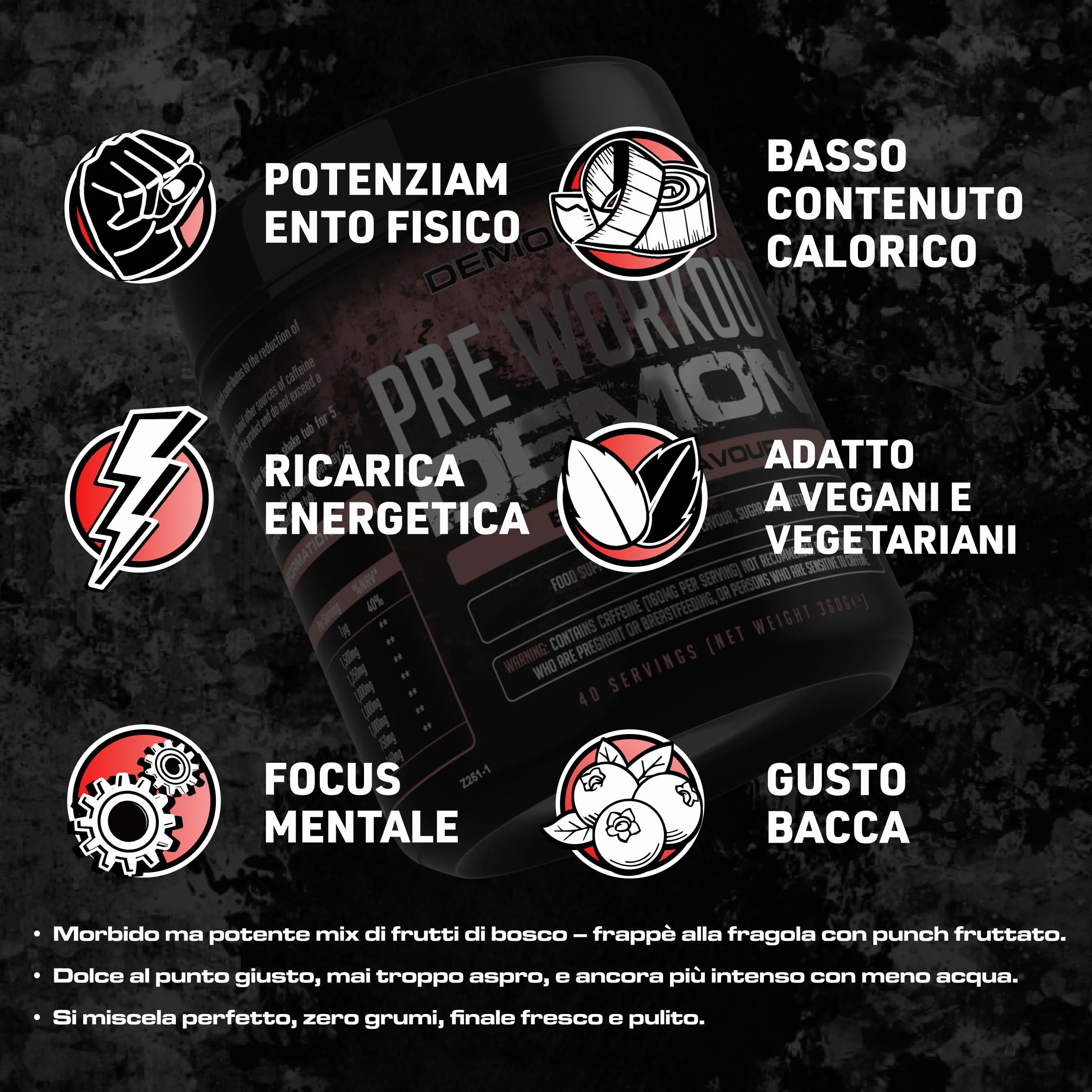 Pre Workout Demon Frutti di Bosco - Potente con Creatina, Caffeina e Beta Alanina - Preworkout per Bodybuilding con Pump ed Energia - Integratore Pre Workout in Polvere - 40 Porzioni