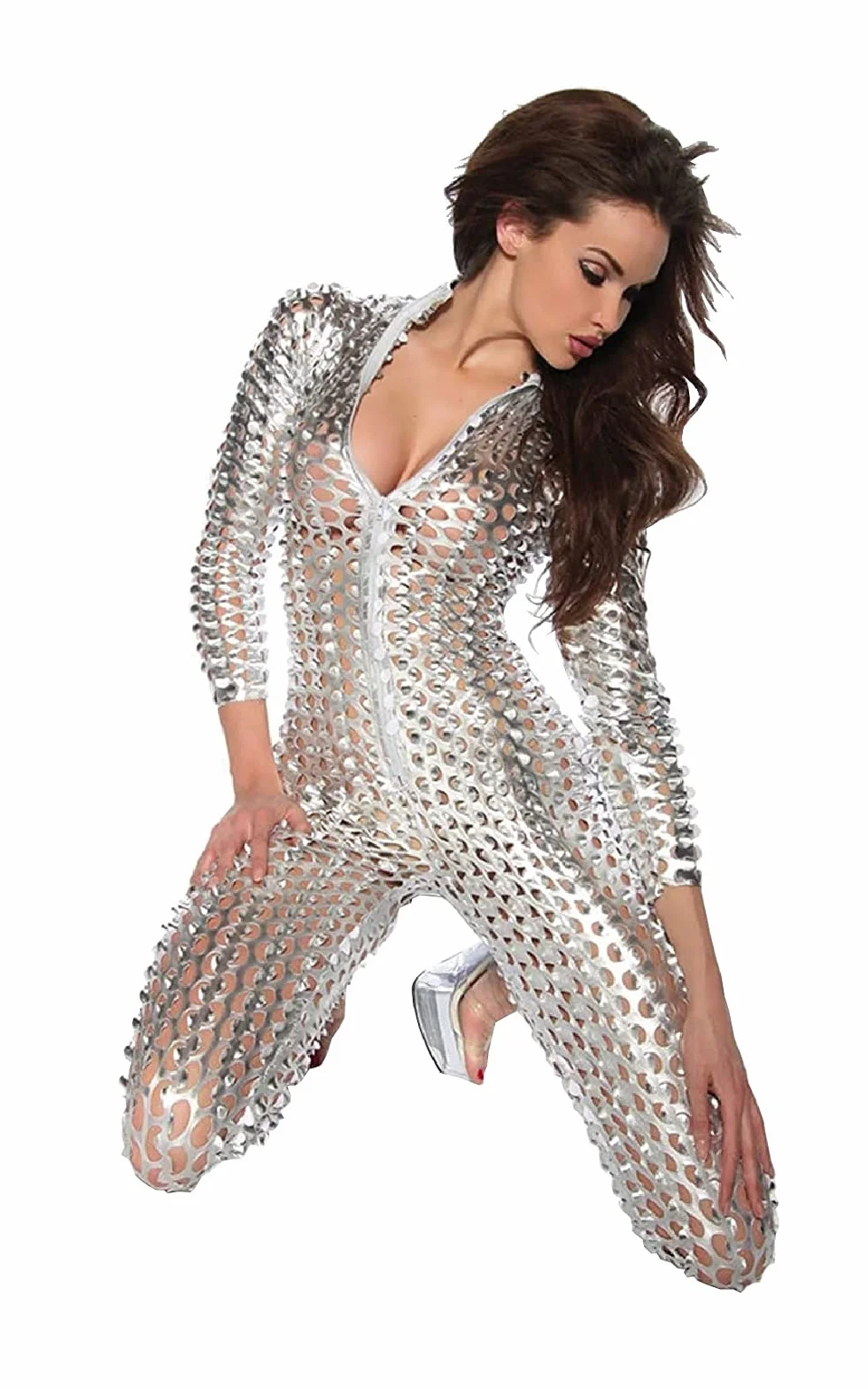 MIMIKRY Tuta sexy da donna in argento metallizzato con motivo forato anni '70 80