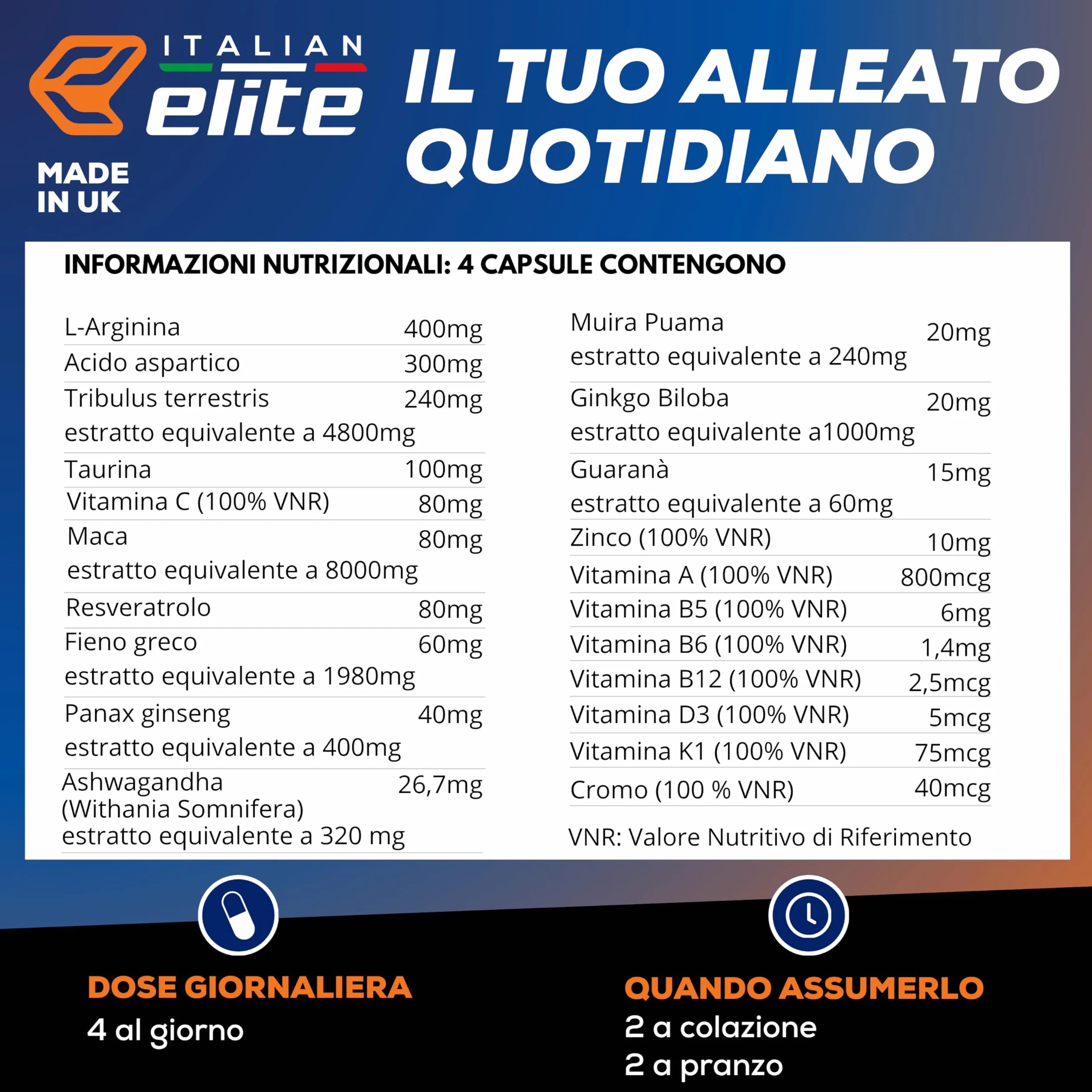 Italian Elite® Testo Complex 120 caps Maca 8000mg. Tribulus, Fieno Greco, Zinco, Arginina, Ashwagandha, Vitamine e Minerali