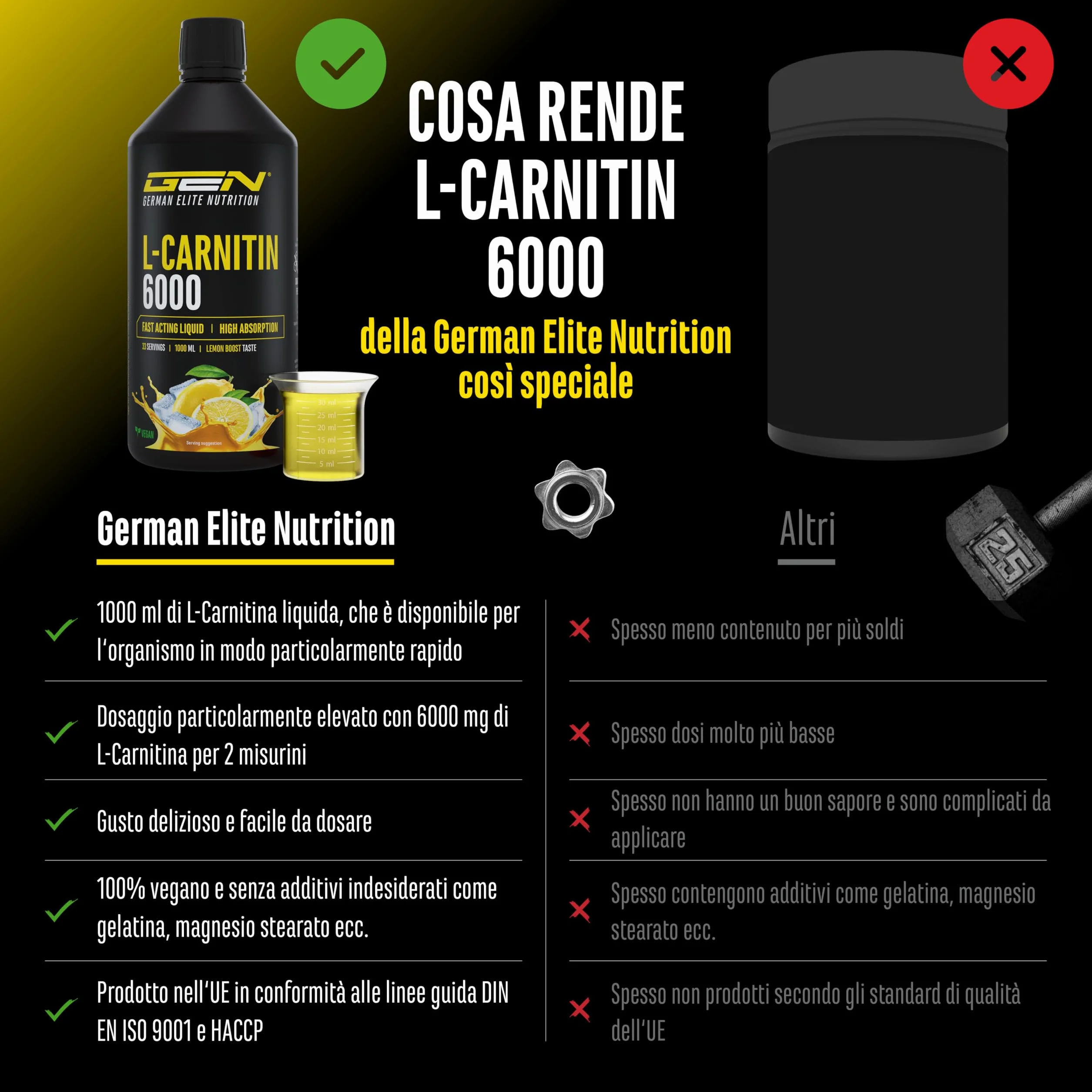 L-Carnitina 6000 Liquido 1000 ml, Integratore con 6000 mg di L-carnitina pura per dose giornaliera, Bevanda aminoacida per l'allenamento, Gusto Lemon Boost, Vegano