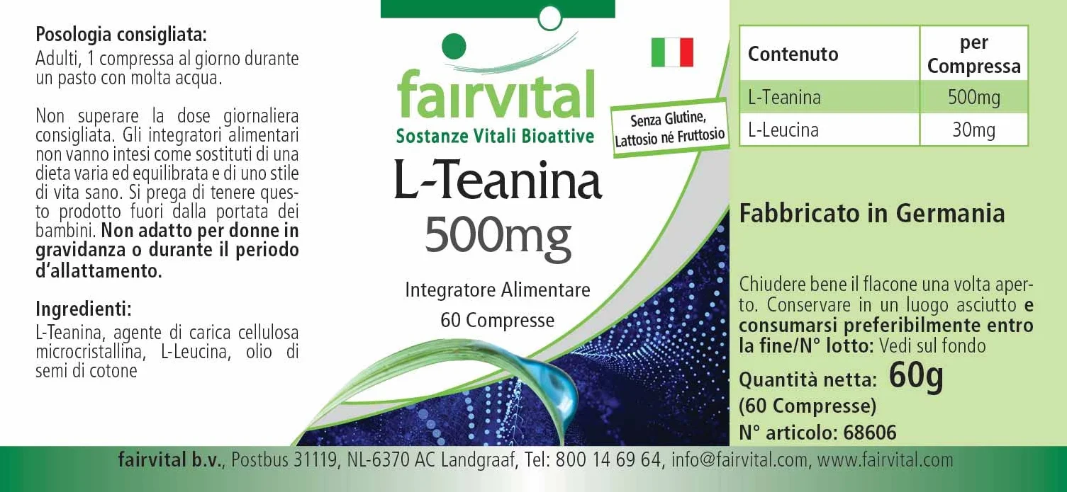 fairvital L-teanina 500 mg, 60 compresse, ALTO DOSAGGIO, VEGANO, aminoacido, facile da deglutire
