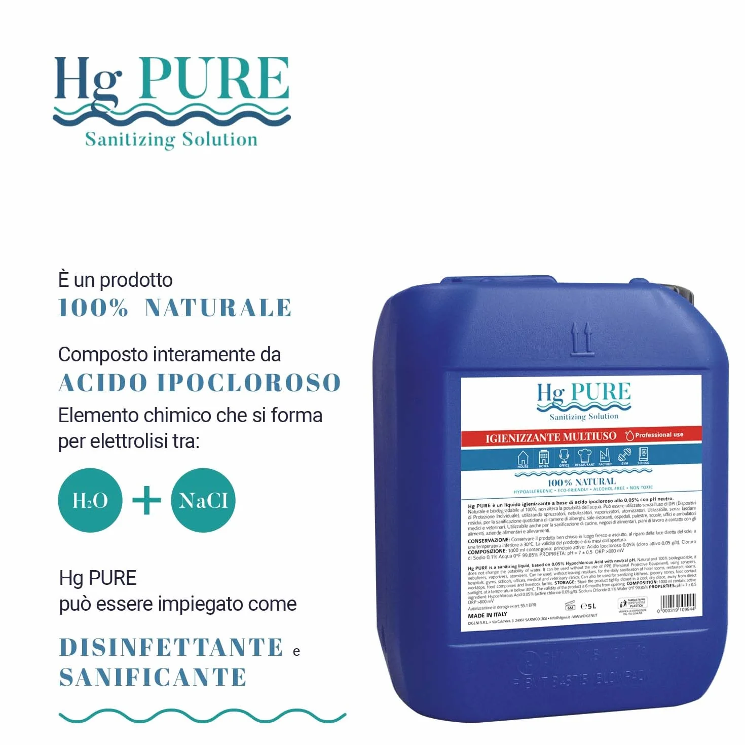 Hg Pure Disinfettante Igienizzante Liquido 5 litri Antibatterico Sanificante no Alcool Made in Italy