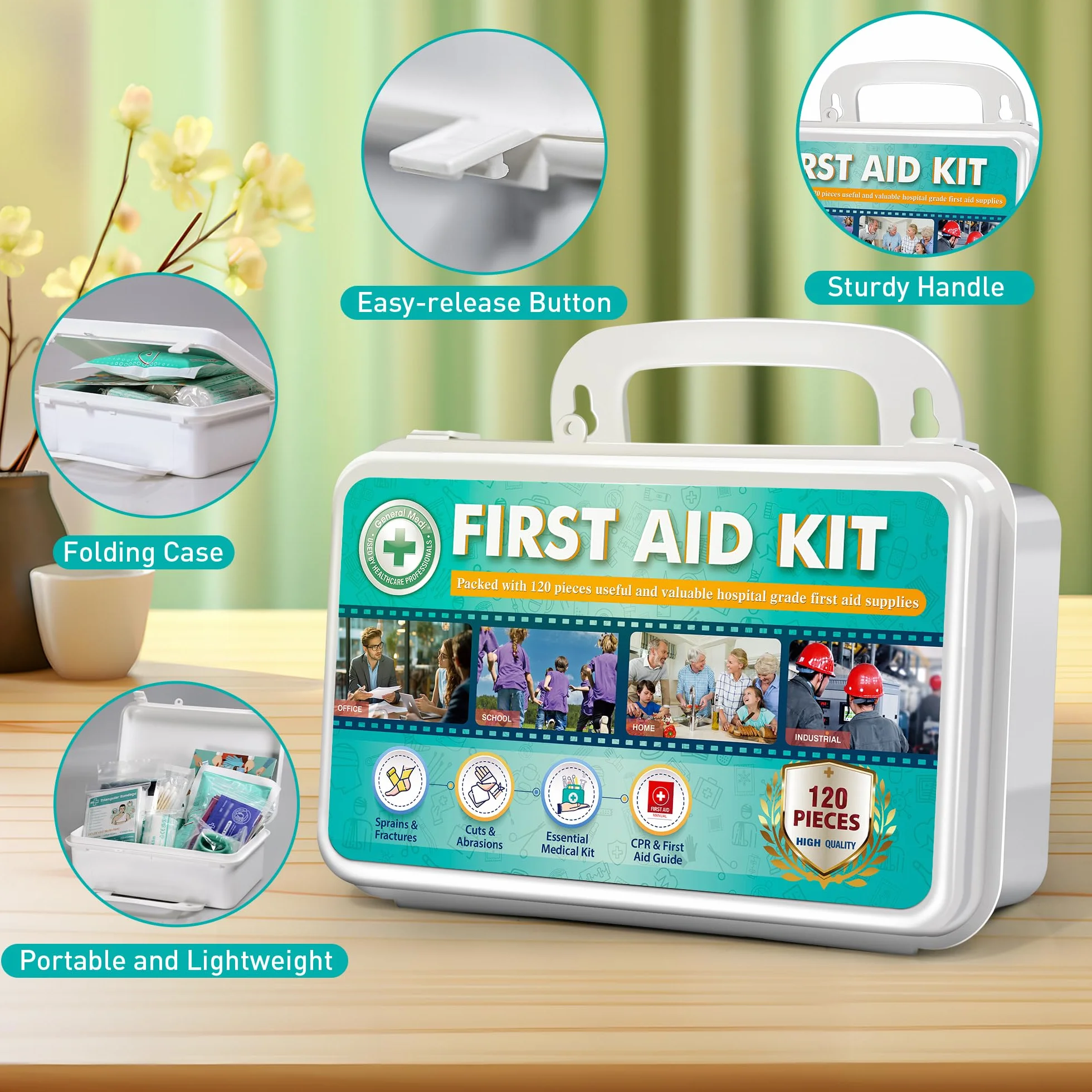 General Medi Set di pronto soccorso – 120 pezzi Premium kit di pronto soccorso per casa, auto, viaggi, ufficio, sport, escursionismo, campeggio, soccorso