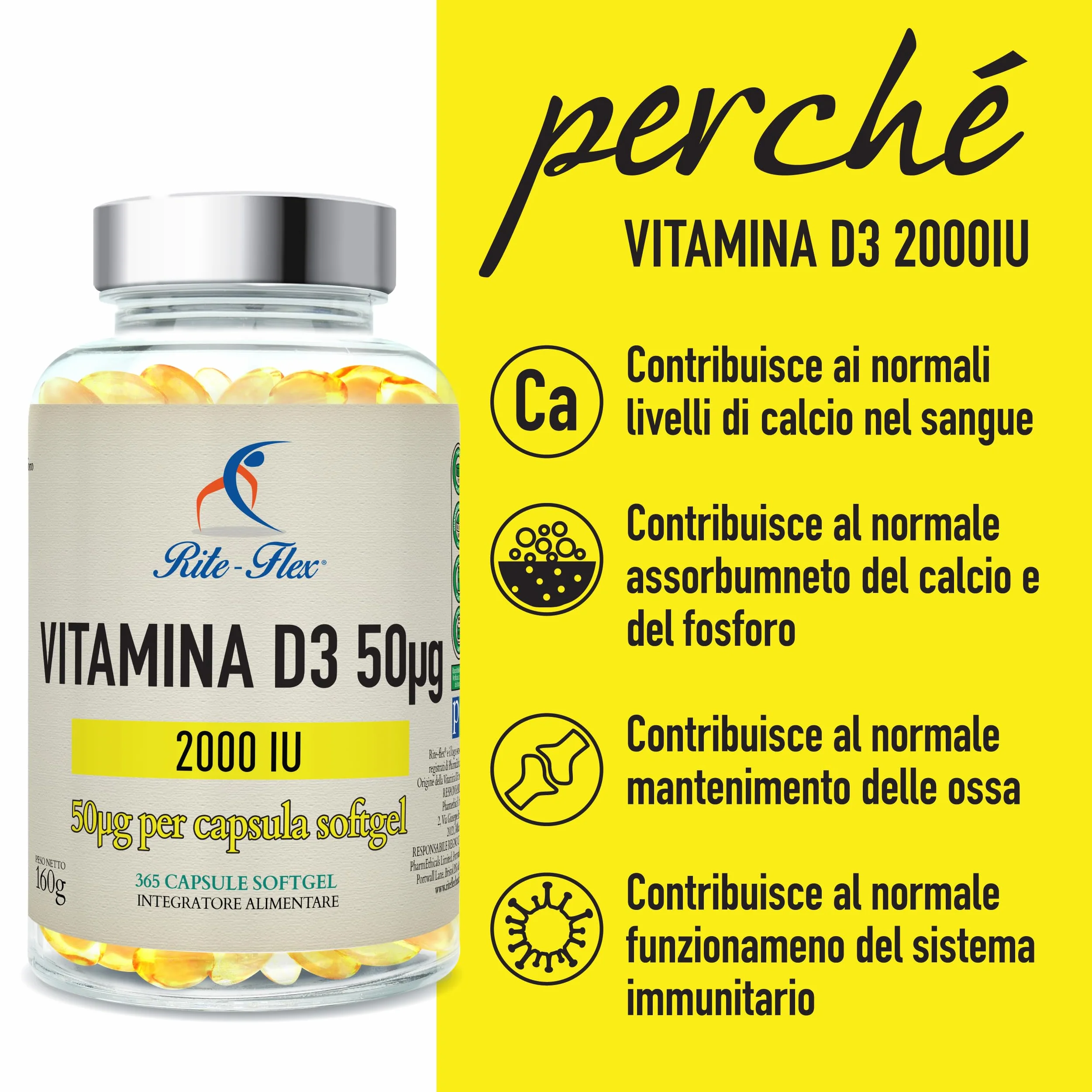 Rite-Flex, Integratore di Vitamina D3 2000 UI (365 Capsule Soft gel)