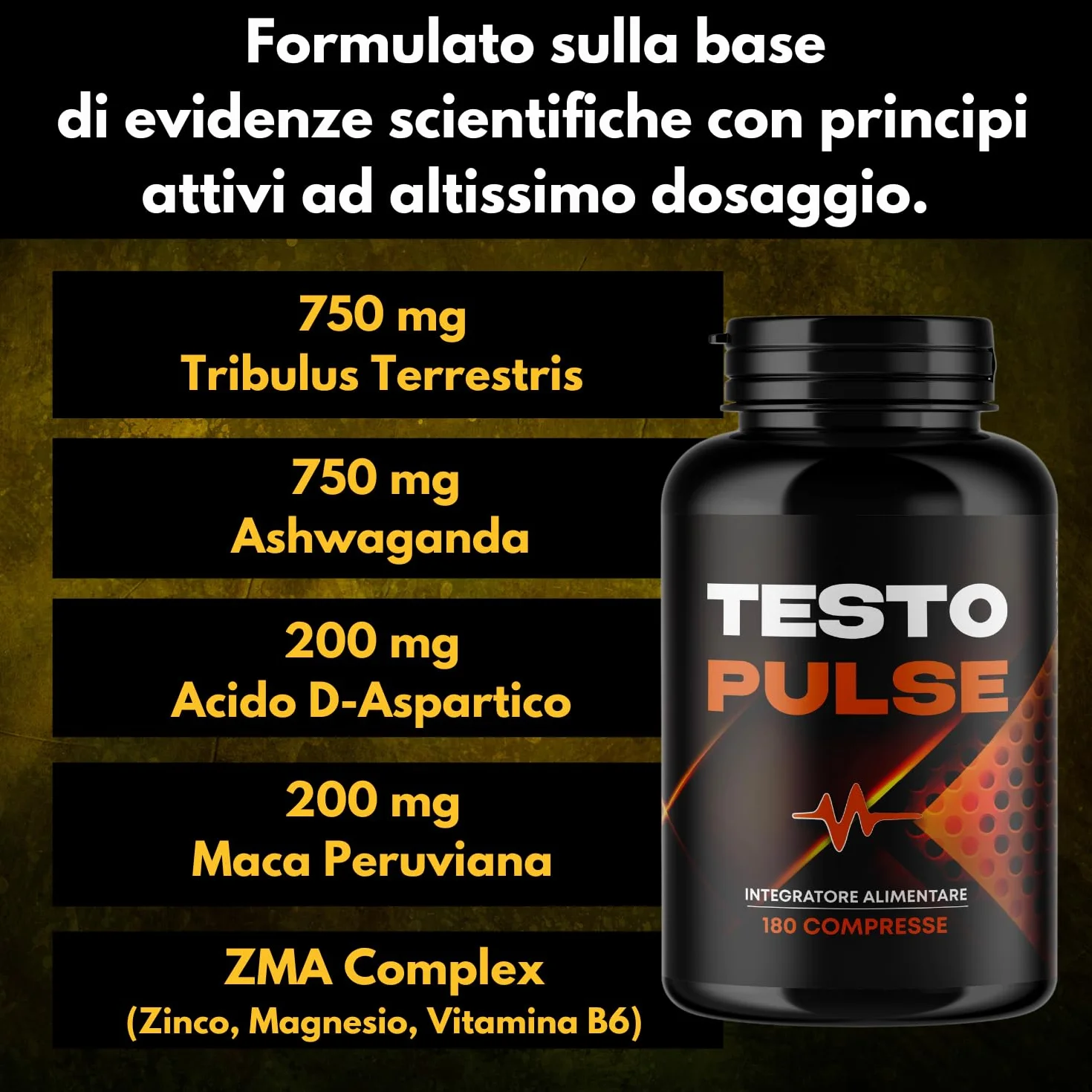 Testosterone Uomo | 180 Compresse | Azione Booster Rapida e Potente | Aumento Massa Muscolare Uomo I Alto dosaggio di Tribulus Terrestris, Maca Peruviana, Ashwaganda e ZMA, Testo Pulse