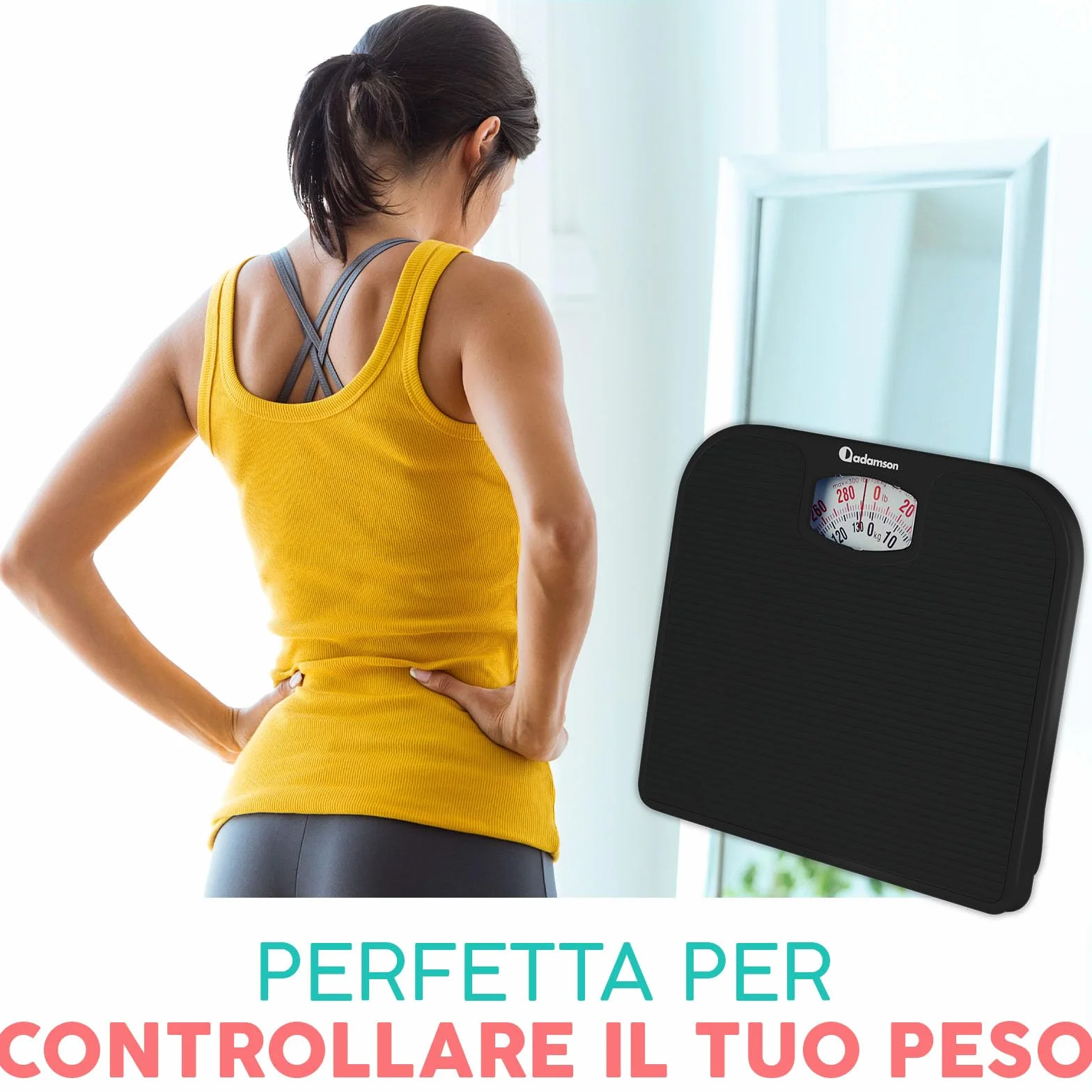 Adamson A21 Bilancia Pesapersone Meccanica - Fino a 136 KG - Superficie in Gomma Antiscivolo - Bilancia Pesapersone Analogica - Bilancia Analogica con 20 Anni DI Garanzia - Nero Completo