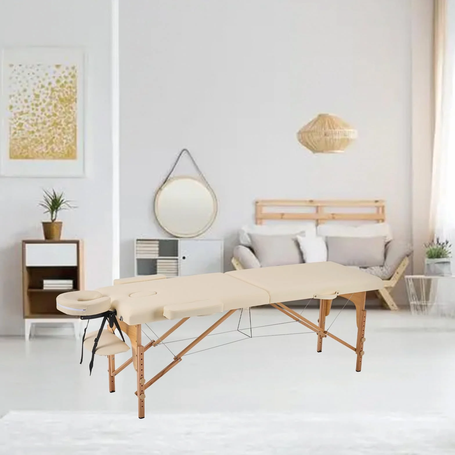 YOUNIKE Lettino Massaggio Portatile Pieghevole 186x60 cm Legno Faggio 2 Zone 250 kg Altezza Regolabile Poggiatesta Braccioli Rimovibili Beige