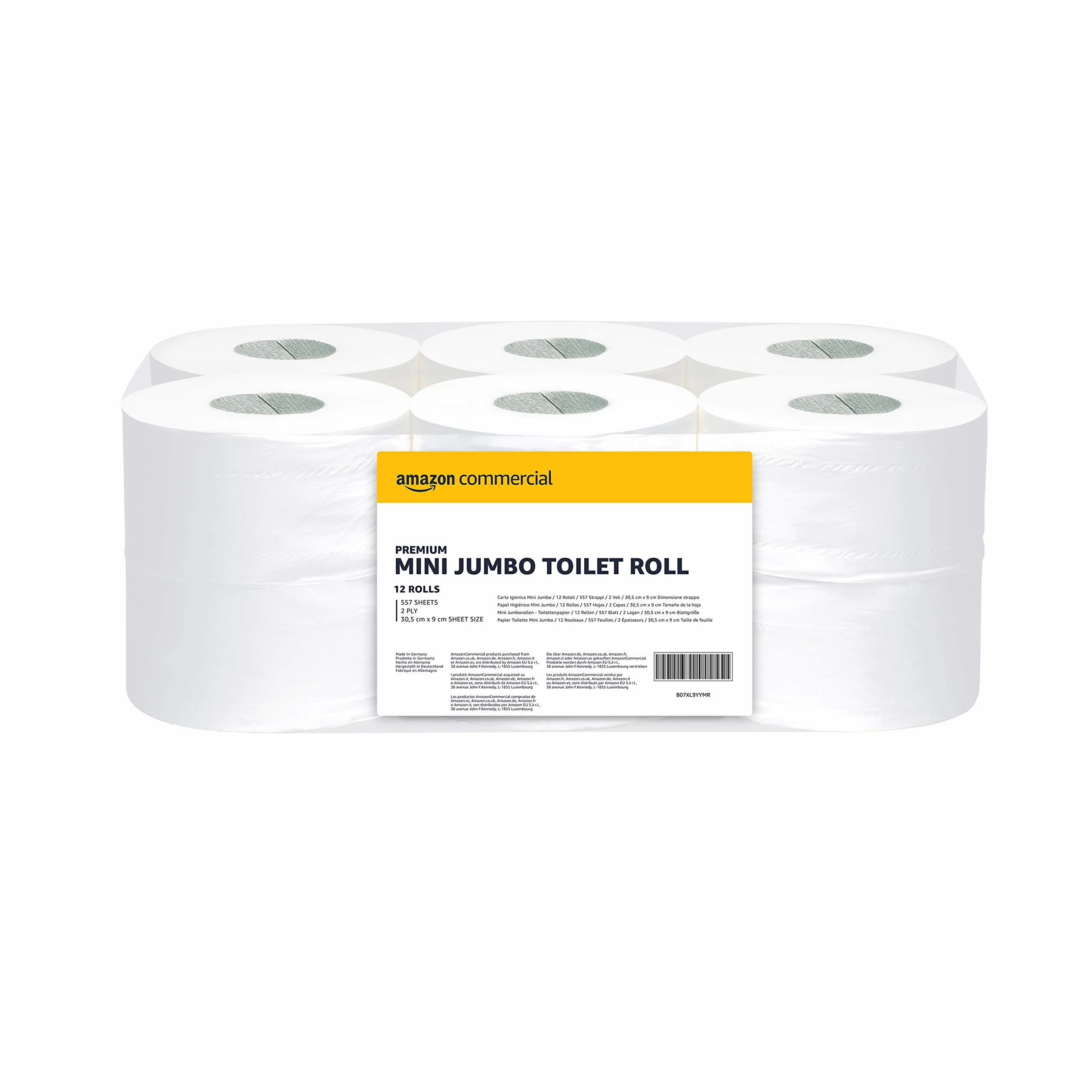 AmazonCommercial Carta Igienica Mini Jumbo Premium 2 Veli 12 Rotoli 557 Strappi per Rotolo 30,5cm x 9cm