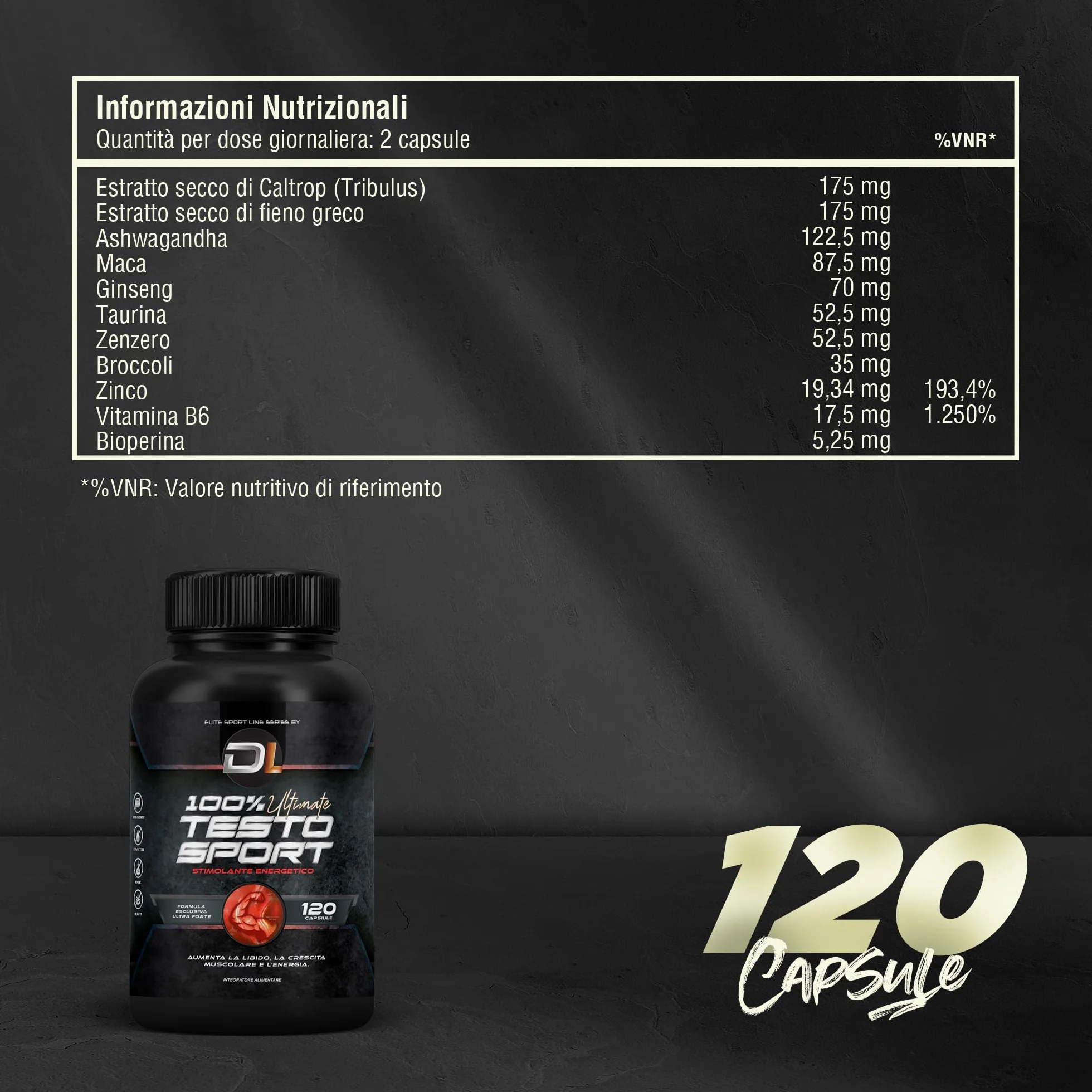 Healthy Fusion 100% ULTIMATE TESTOSPORT | Booster con Maca, aAhwagandha e Tribulus | Efficace potenziatore sessuale | Aumenta la massa muscolare | Energia e le prestazioni sportive | 120 capsule