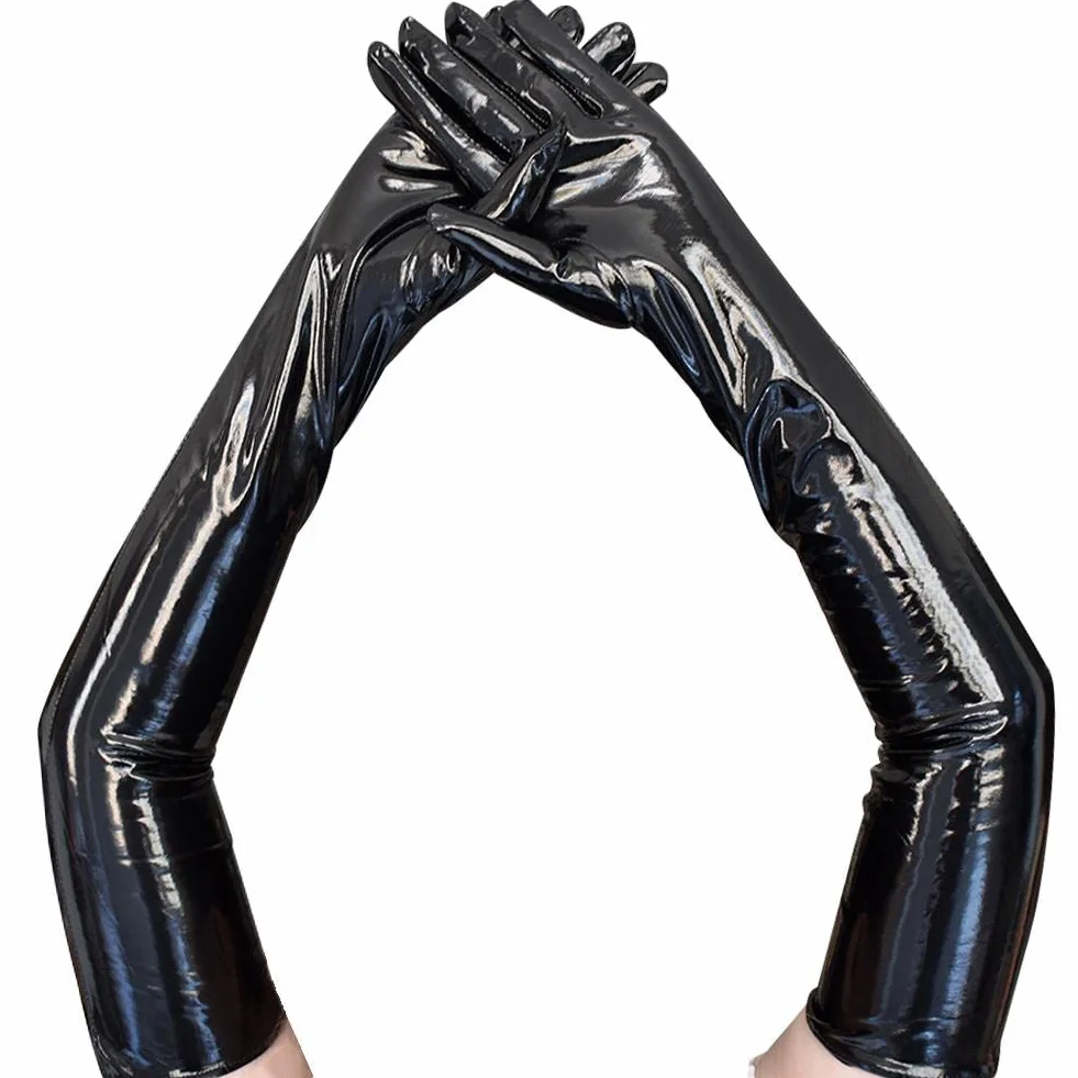 Guanti lunghi sexy in lattice da donna uomo hip jazz clubwear finti bagnati accessori metallici costumi cosplay pelle