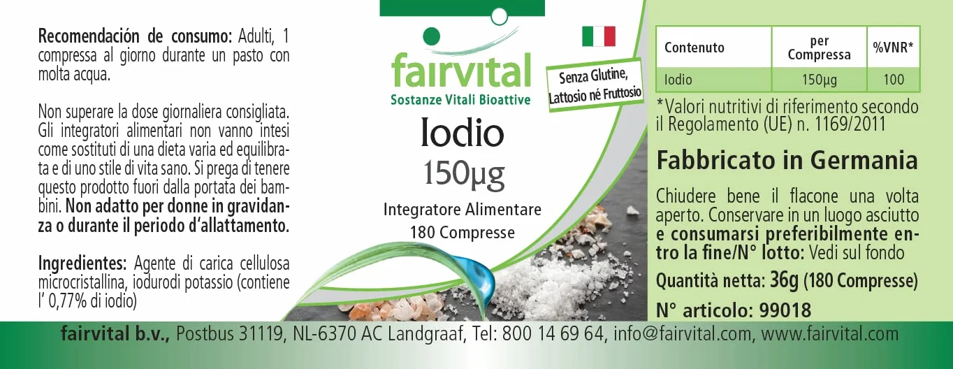 fairvital Compresse di iodio, 180 compresse, facili da deglutire, ALTO DOSAGGIO con 150 µg di iodio per compressa, a base di ioduro di potassio, VEGANE