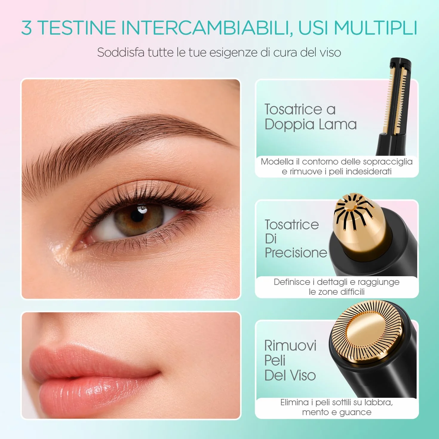 VOGOE Regolatore Sopracciglia Elettrico 3-in-1 per Donne, Epilatore Viso Donna Indolore, Ricaricabile e Portatile, per Labbra, Mento e Guance (Nero)