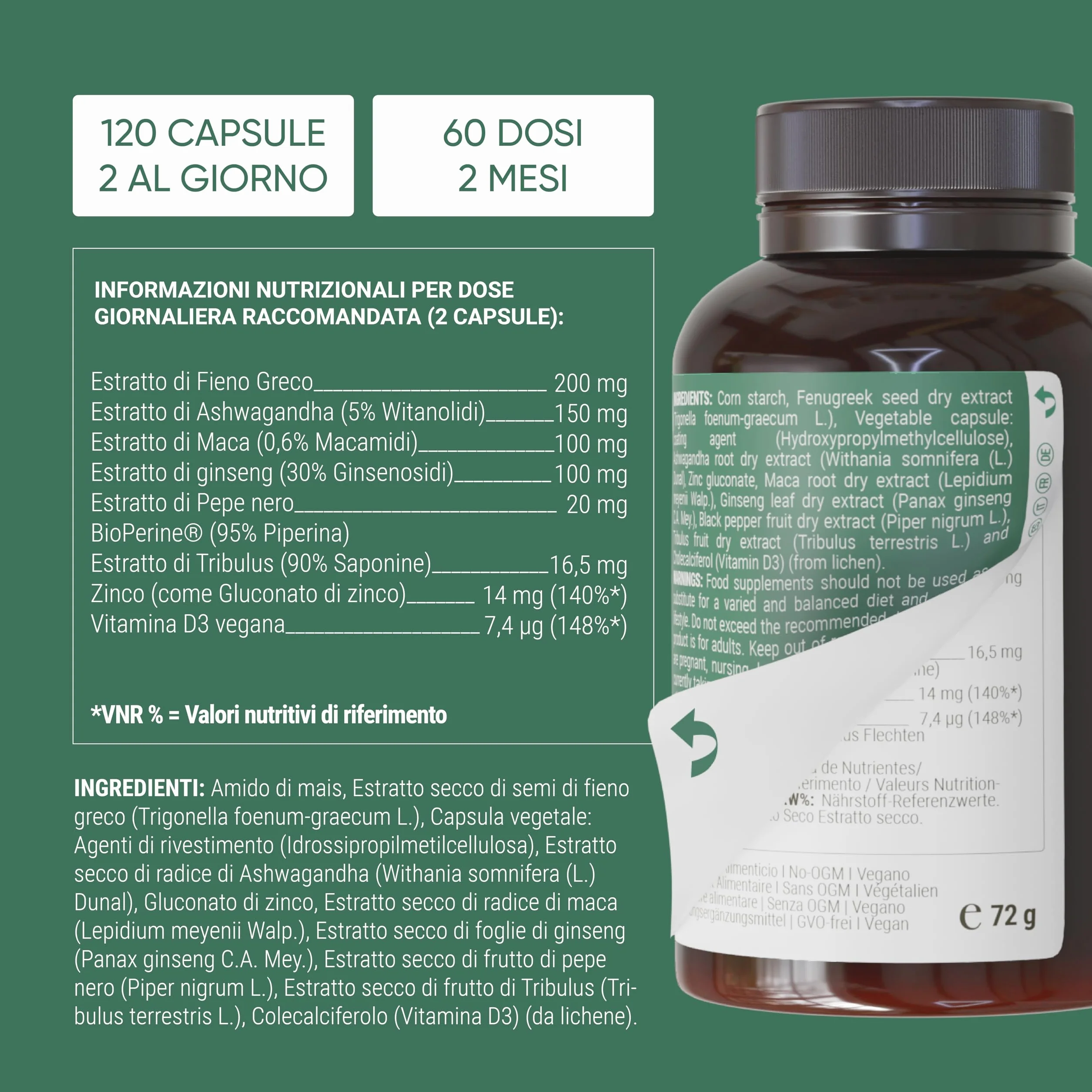 Testo-One® 120 capsule Maca Tribulus Terrestris Ashwagandha Ginseng Fenogreco Zinco