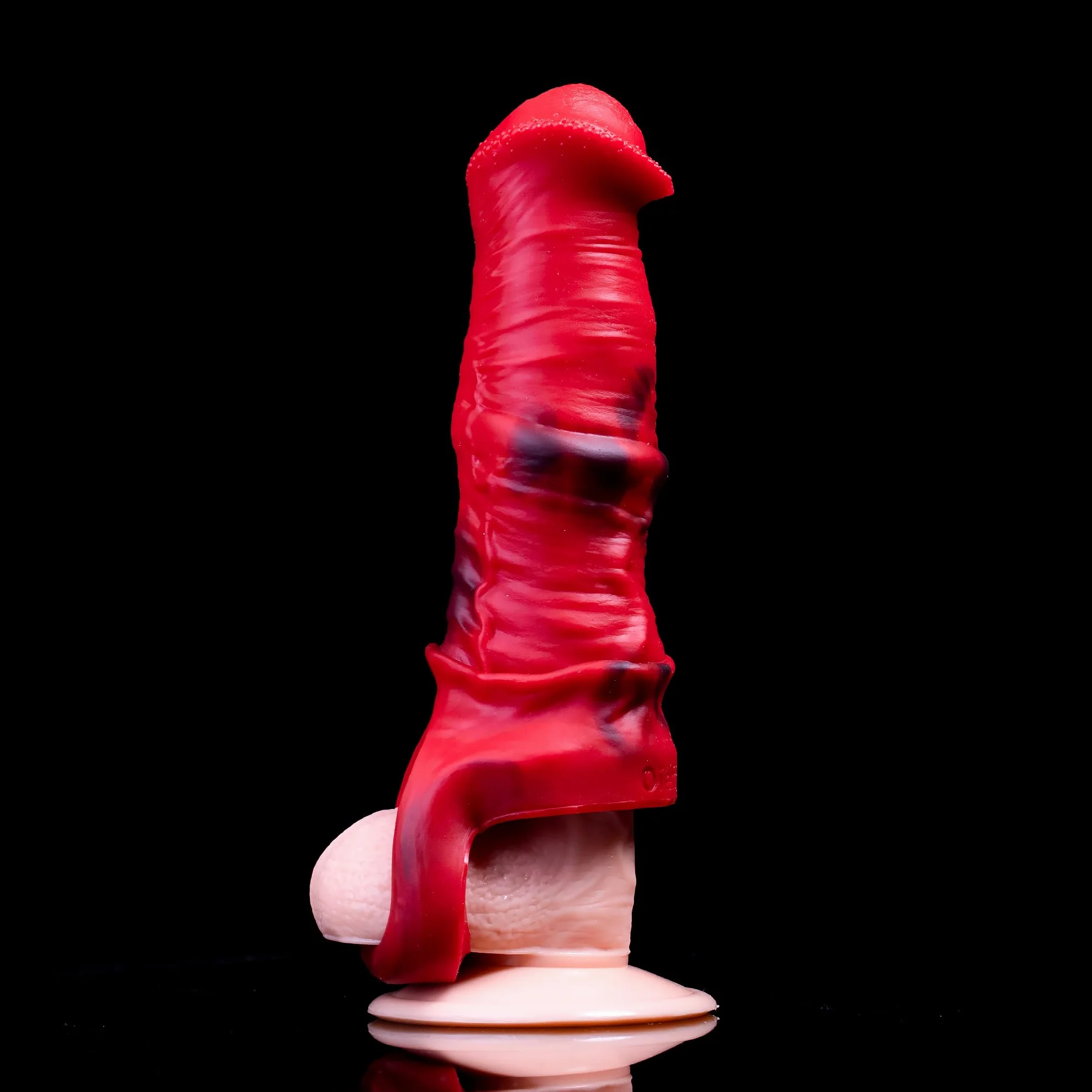 Guaina di estensione in silicone a forma di cavallo per pene maschile con fibbia estensibile per aumentare la lunghezza e la circonferenza (rosso)