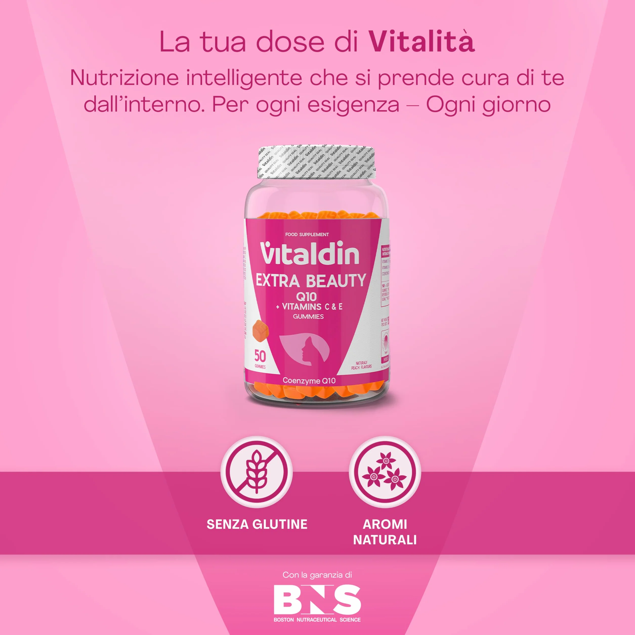 VITALDIN Coenzima Q10 Gummies – Integratore di Bellezza – 200 mg di CoQ10 per dose + Vitamina C & E – 50 Caramelle Gommose (fornitura per 1 mese), Gusto Pesca – Antiossidante – Senza Glutine