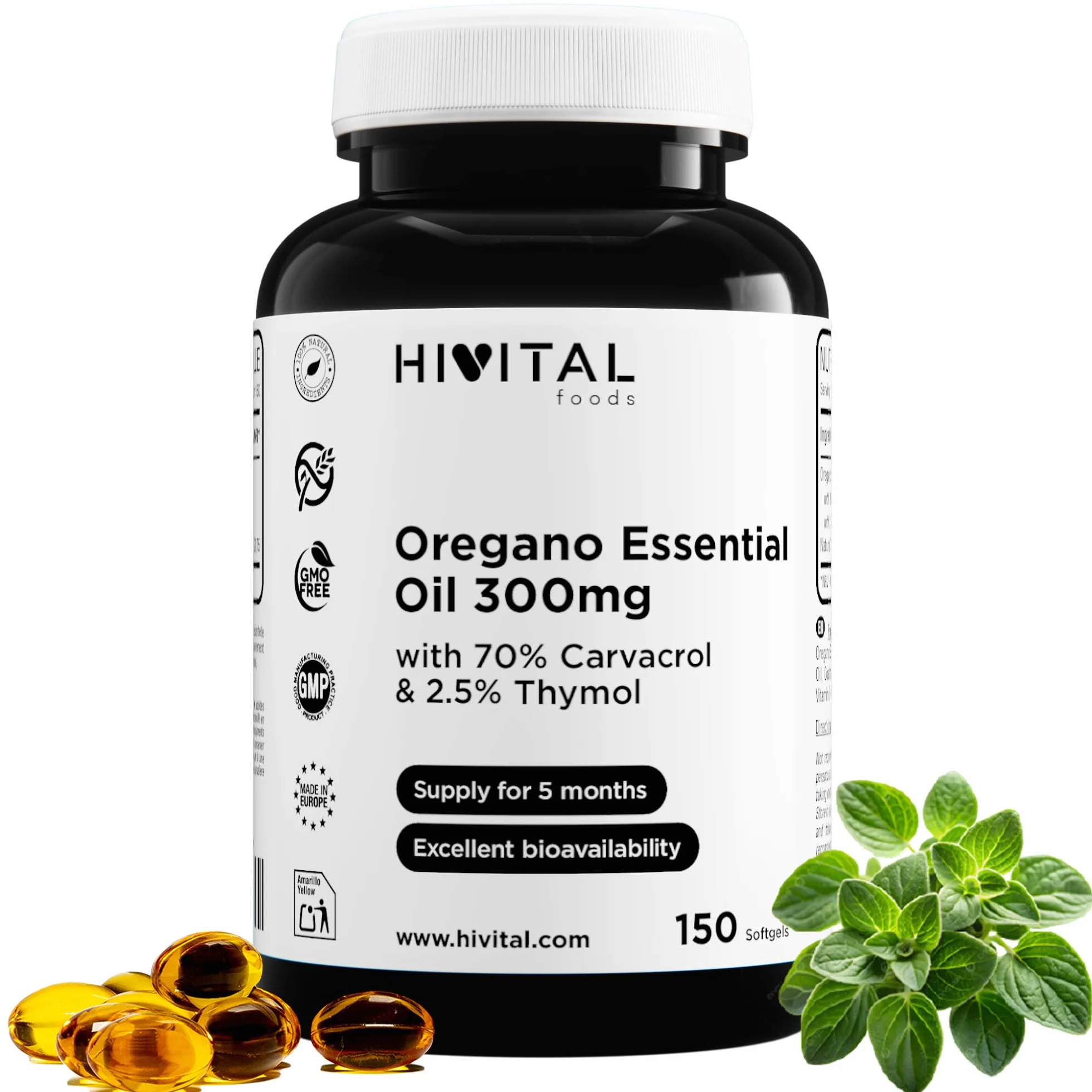 Olio di Origano 300 mg 150 capsule Hivital Carvacrolo 70% Timolo 2,5% senza glutine non OGM