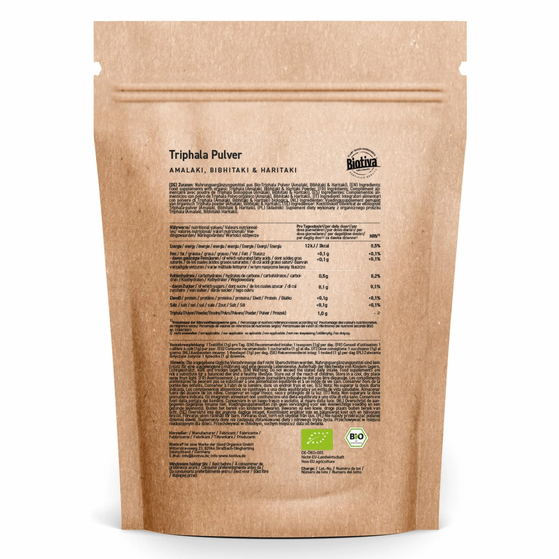 Triphala polvere biologica 1kg (2x500g) - di Amalaki Haritaki Bibhitaki - Ayurveda Biotriphala - Imbottigliato e controllato in Germania - 100% Vegan - Biotiva