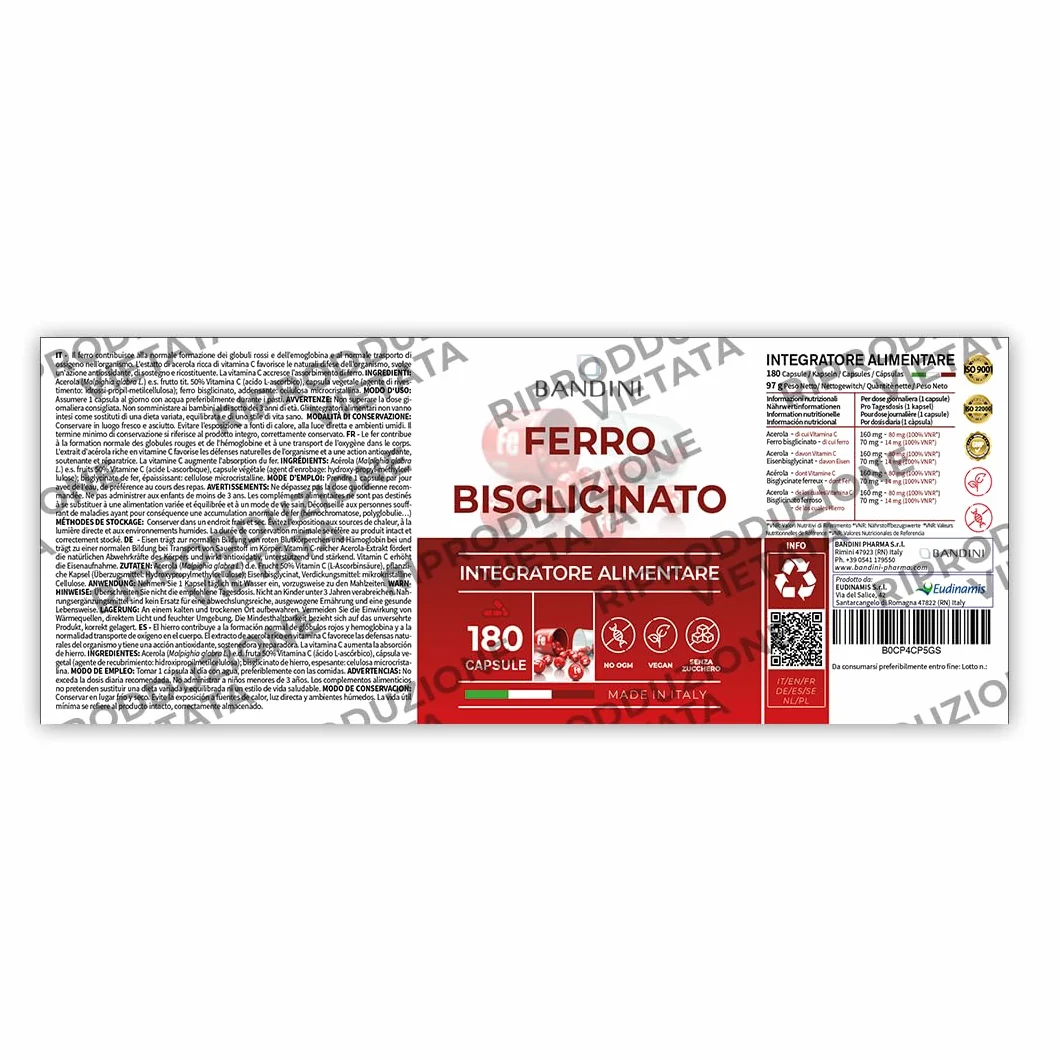 Bandini® Ferro Bisglicinato 80mg + Vitamina C 180 Capsule Vegan (Scorta di oltre 6 Mesi) - Contribuisce al Normale Metabolismo Energetico - Altamente Assimilabile e Biodisponibile - Iron + Vit C 160mg